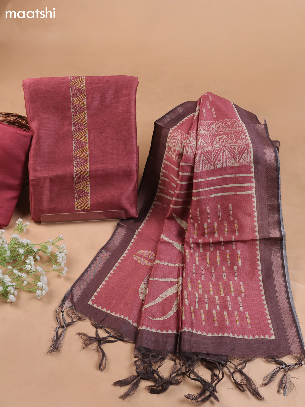Dark Rust Mul Chanderi Dress Material With French Knot Embroidery Work