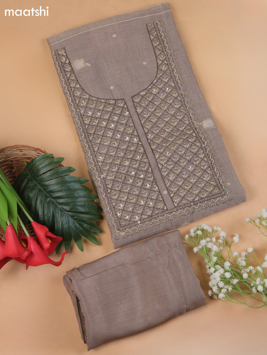 Grey Munga Cotton Dress Material With Embroidery Work Neck Pattern