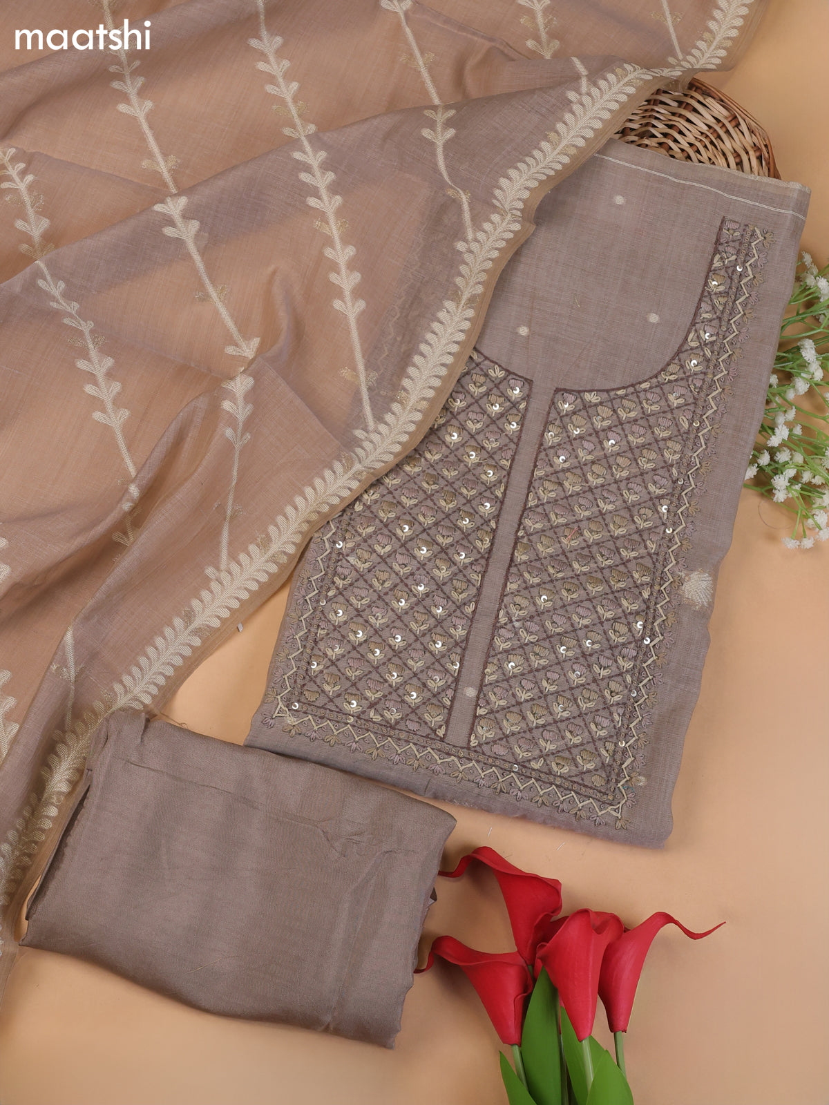 Grey Munga Cotton Dress Material With Embroidery Work Neck Pattern