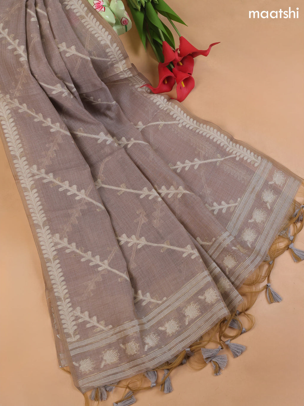 Grey Munga Cotton Dress Material With Embroidery Work Neck Pattern