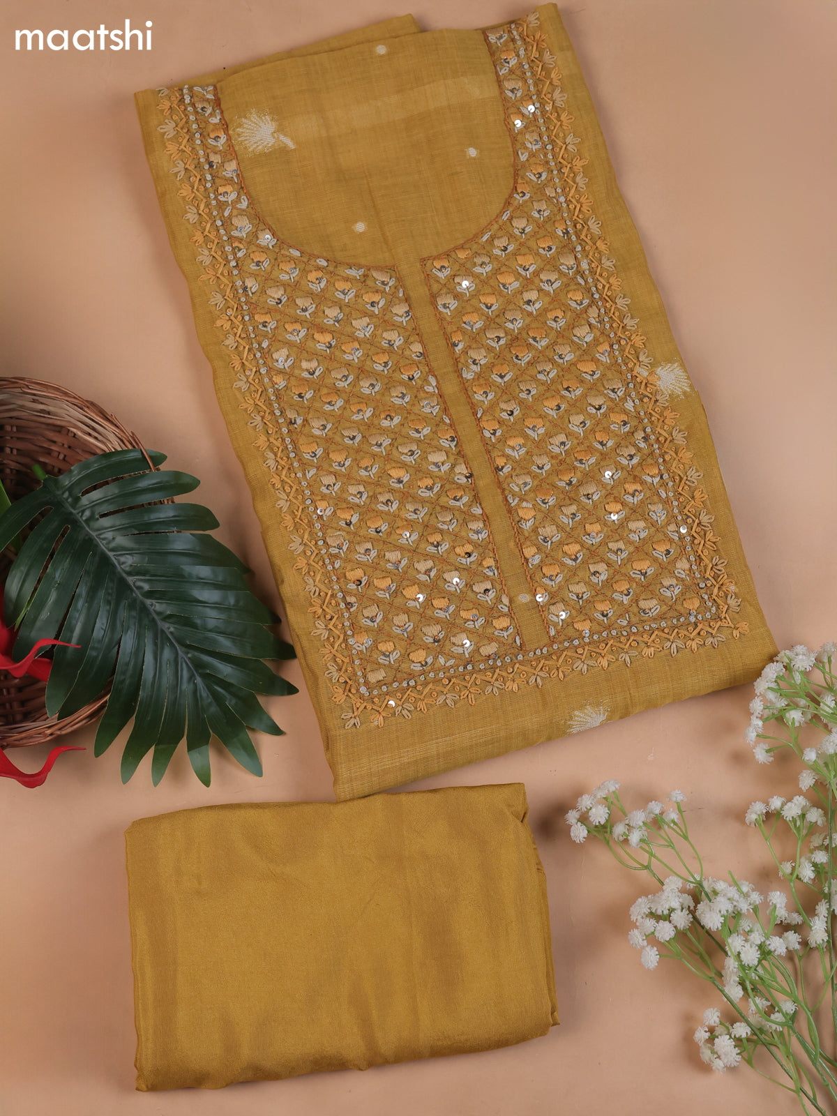 Yellow Munga Cotton Dress Material With Embroidery Work Neck Pattern