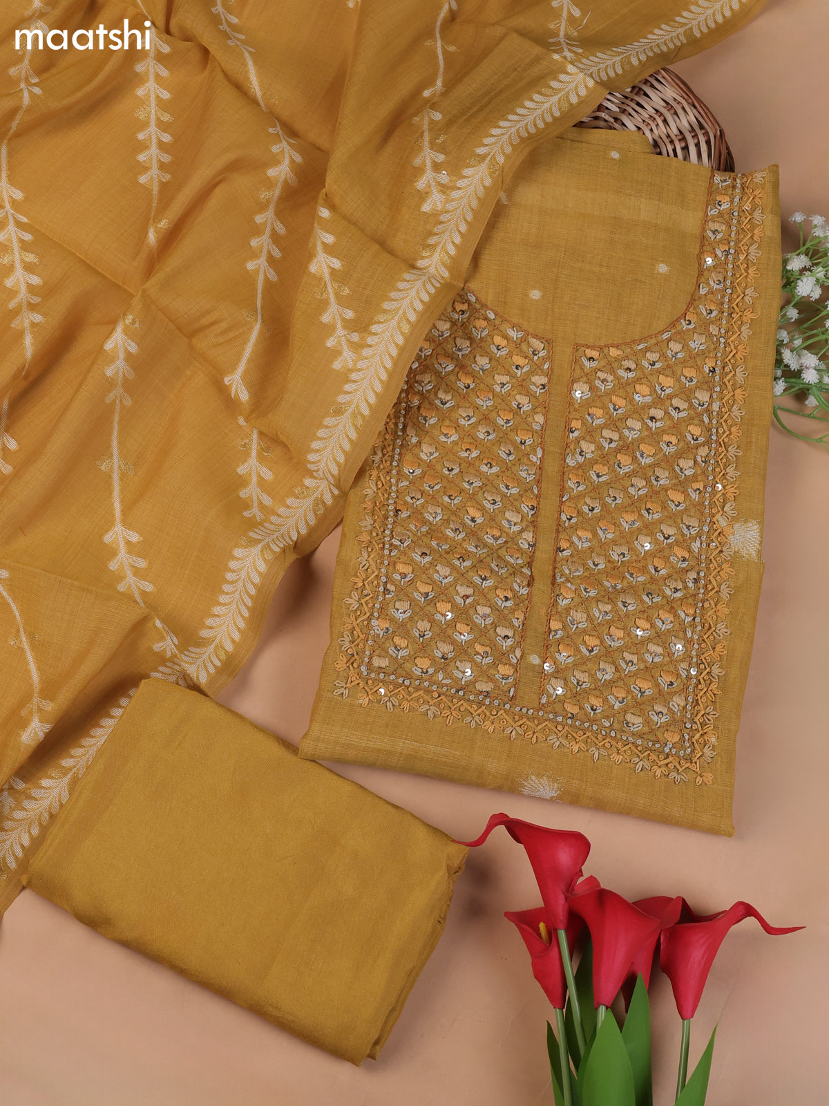 Yellow Munga Cotton Dress Material With Embroidery Work Neck Pattern