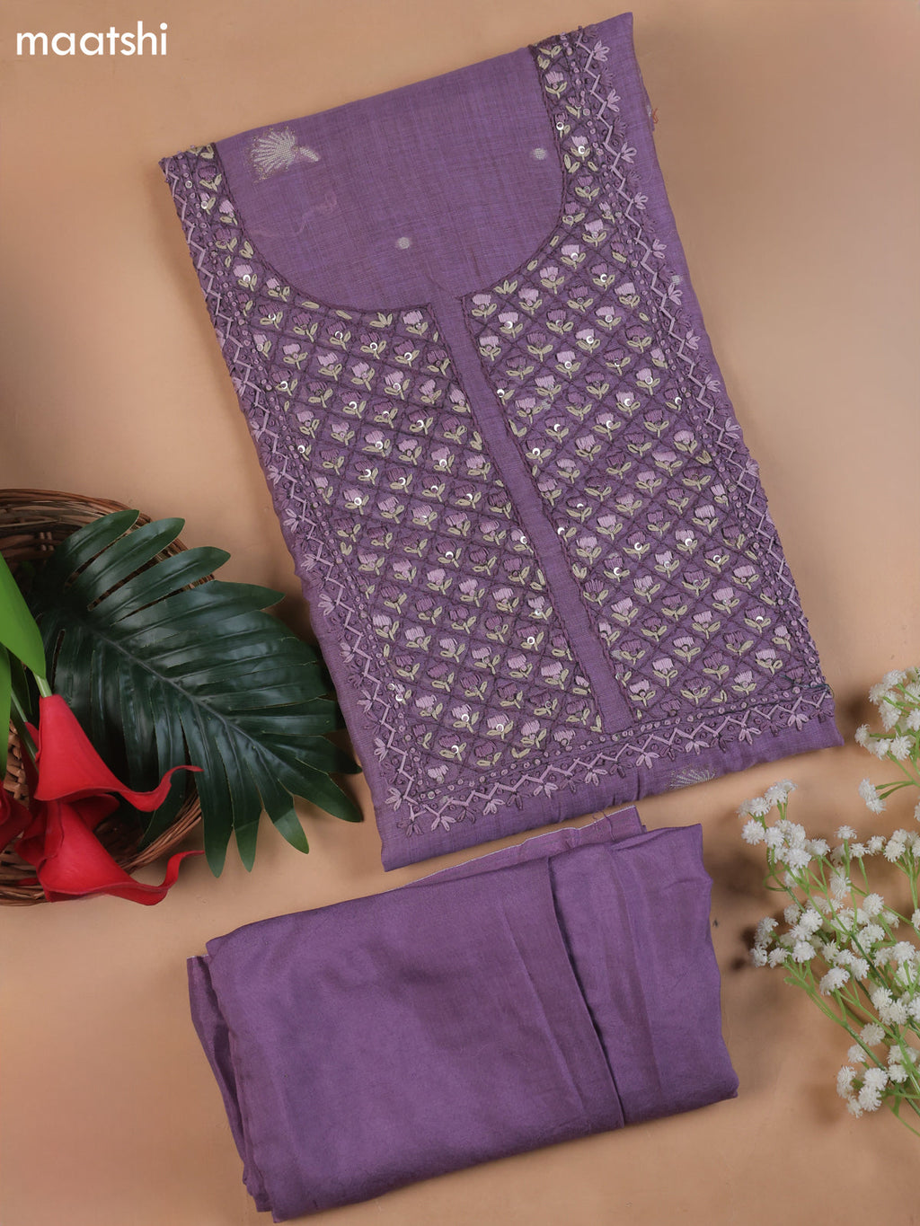 Lavender Munga Cotton Dress Material With Embroidery Work Neck Pattern