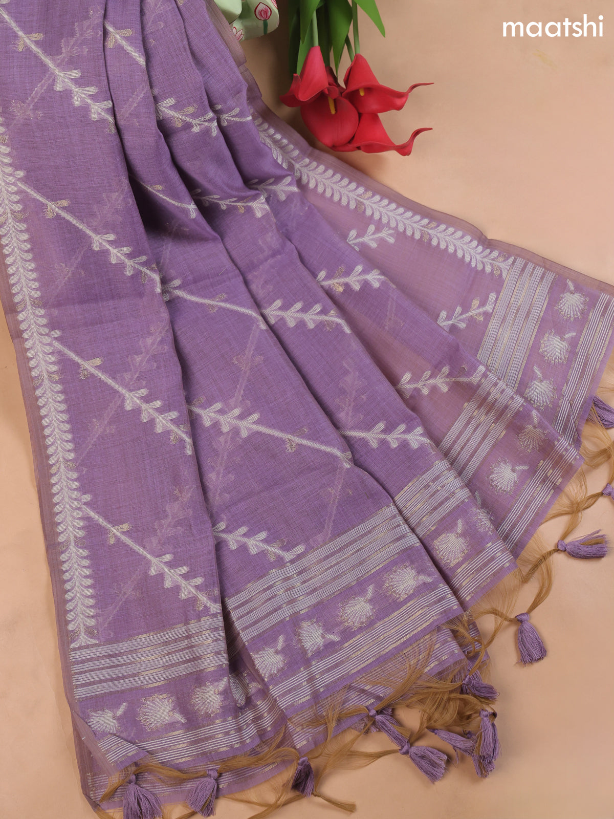 Lavender Munga Cotton Dress Material With Embroidery Work Neck Pattern