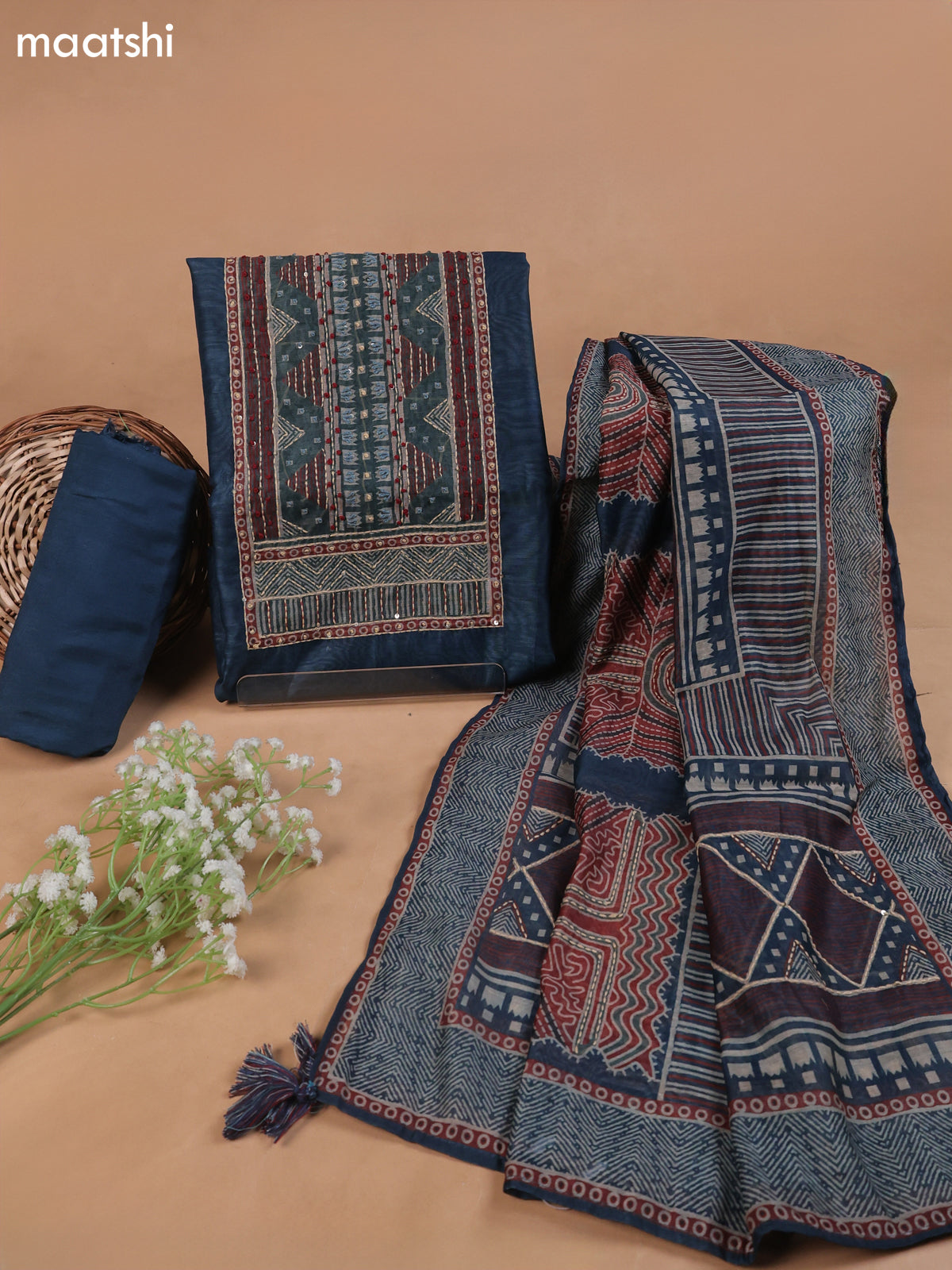 Peacock Blue Mul Chanderi Dress Material With Plain Body French Knot Embroidery Work Neck Pattern