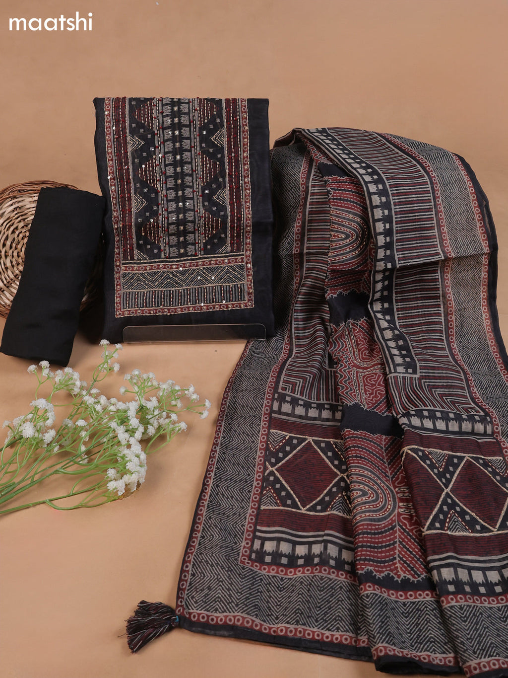 Black Mul Chanderi Dress Material With Plain Body French Knot Embroidery Work Neck Pattern