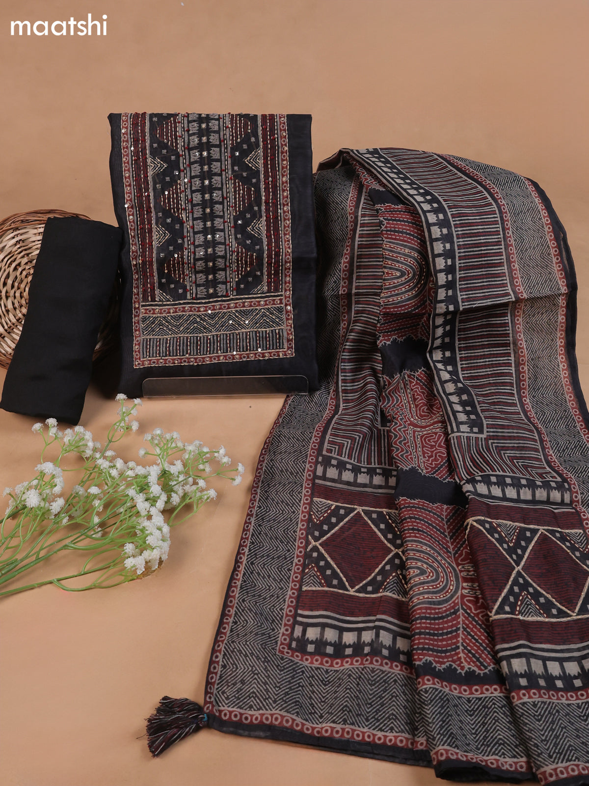 Black Mul Chanderi Dress Material With Plain Body French Knot Embroidery Work Neck Pattern