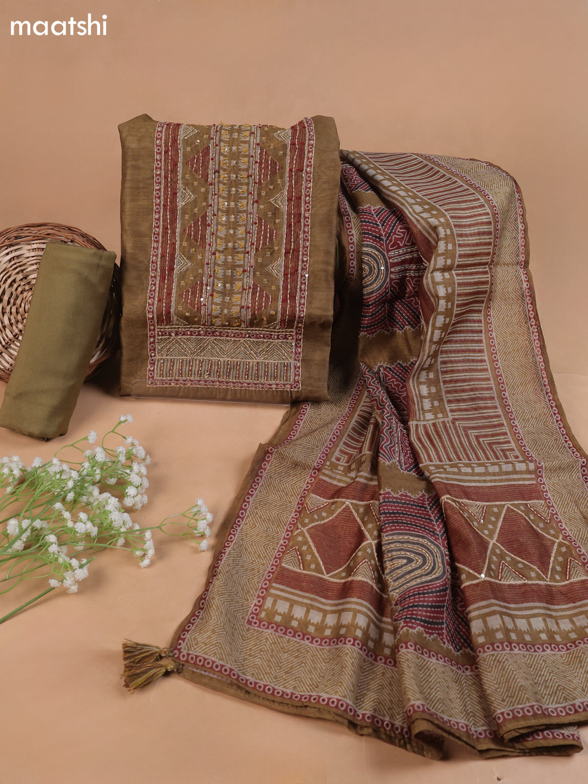 Elaichi Green Mul Chanderi Dress Material With Plain Body French Knot Embroidery Work Neck Pattern