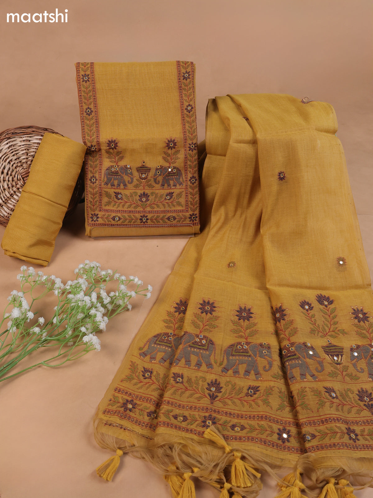 Mustard Yellow Mul Chanderi Dress Material With Plain Body French Knot Embroidery Work Neck Pattern
