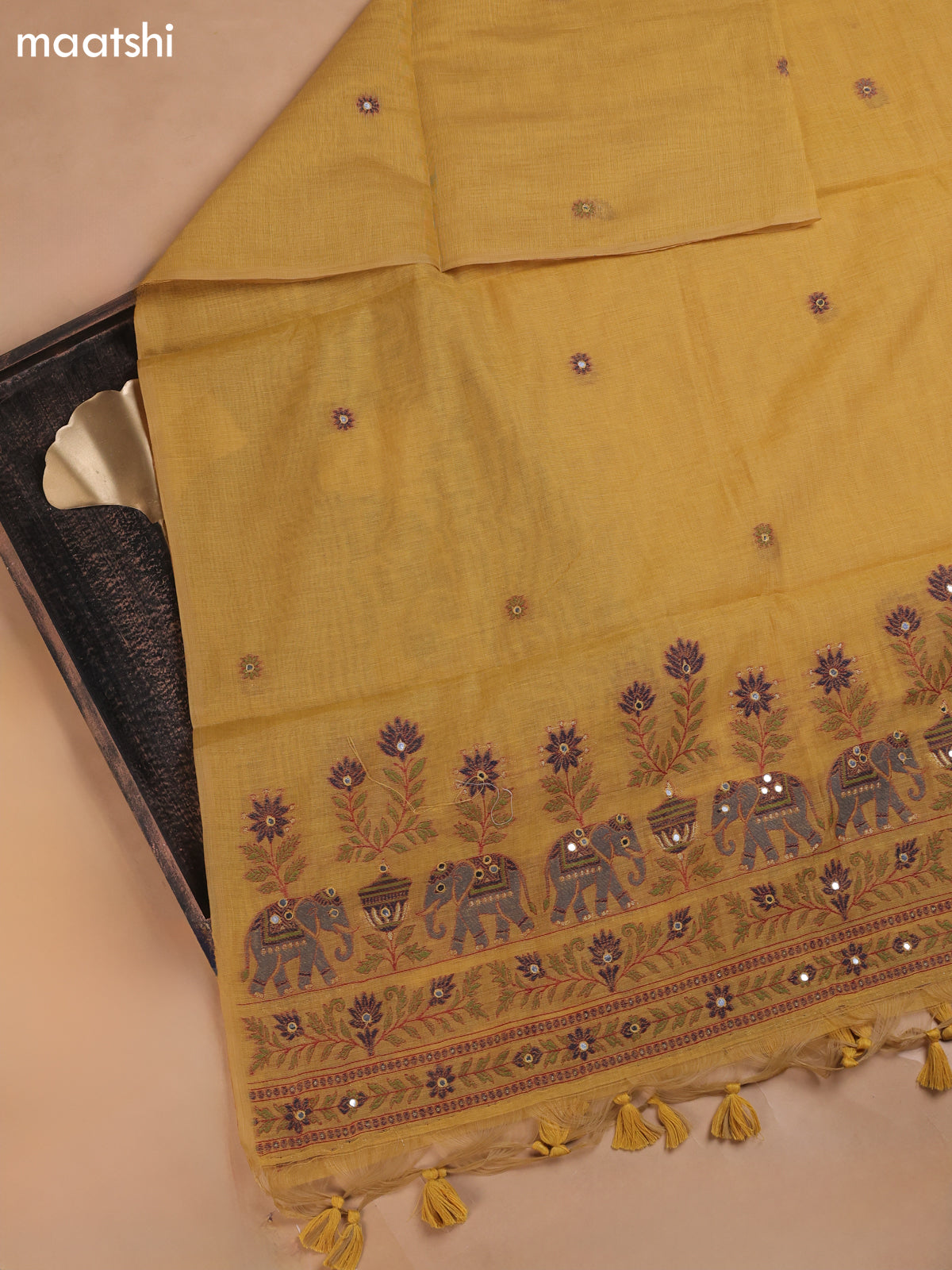 Mustard Yellow Mul Chanderi Dress Material With Plain Body French Knot Embroidery Work Neck Pattern