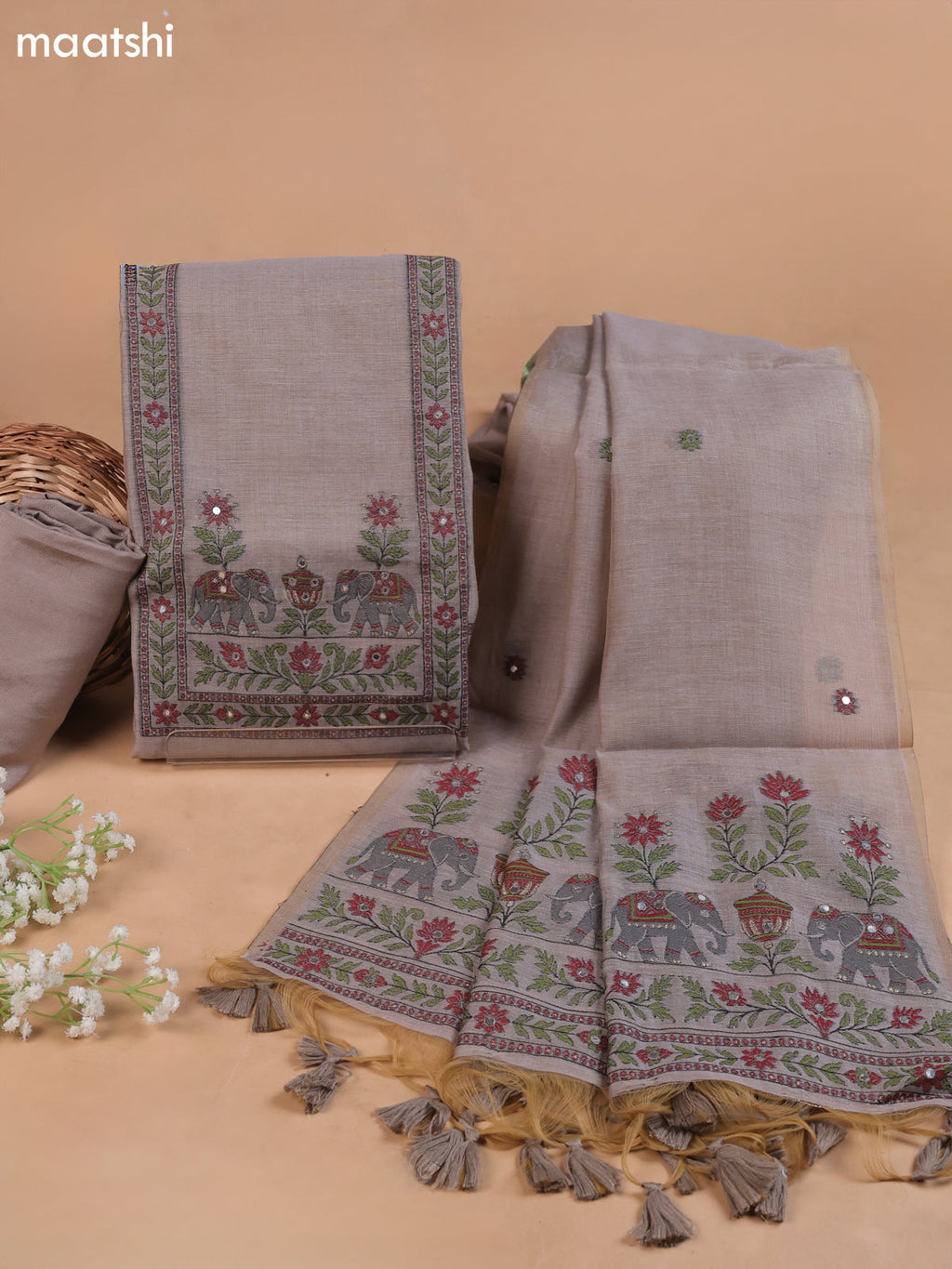 Grey Mul Chanderi Dress Material With Plain Body Embroidery Work Neck Pattern