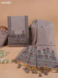 Grey Mul Chanderi Dress Material With Plain Body Embroidery Work Neck Pattern