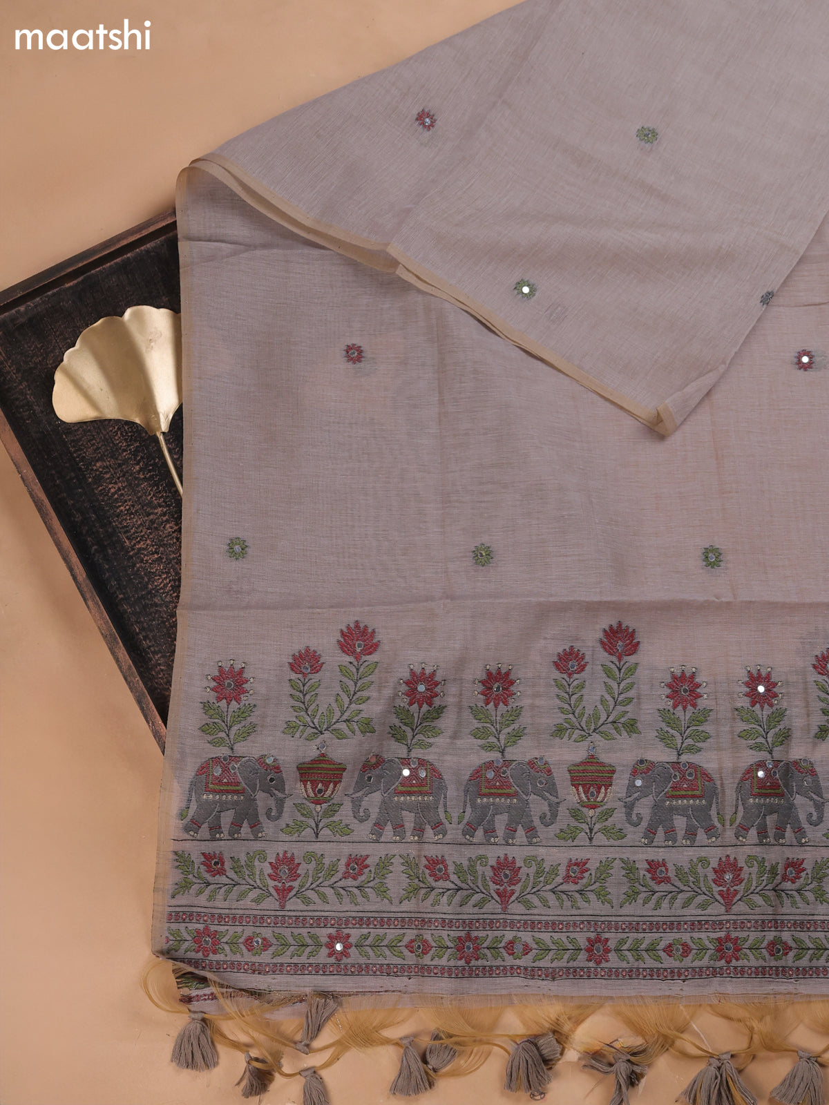 Grey Mul Chanderi Dress Material With Plain Body Embroidery Work Neck Pattern
