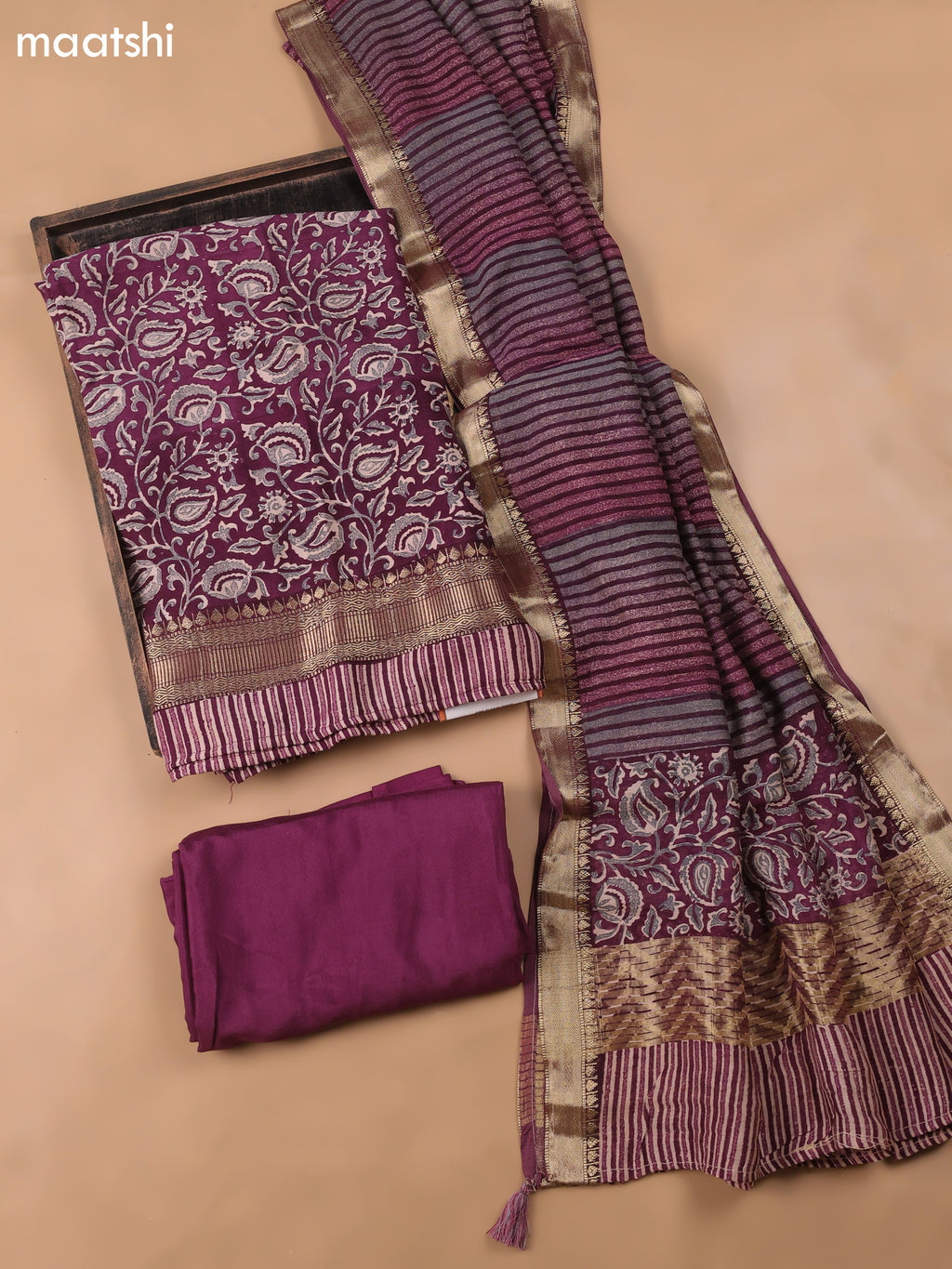 Wine and Beige Art Silk Dress Material With Allover Prints and Bottom & Dupatta