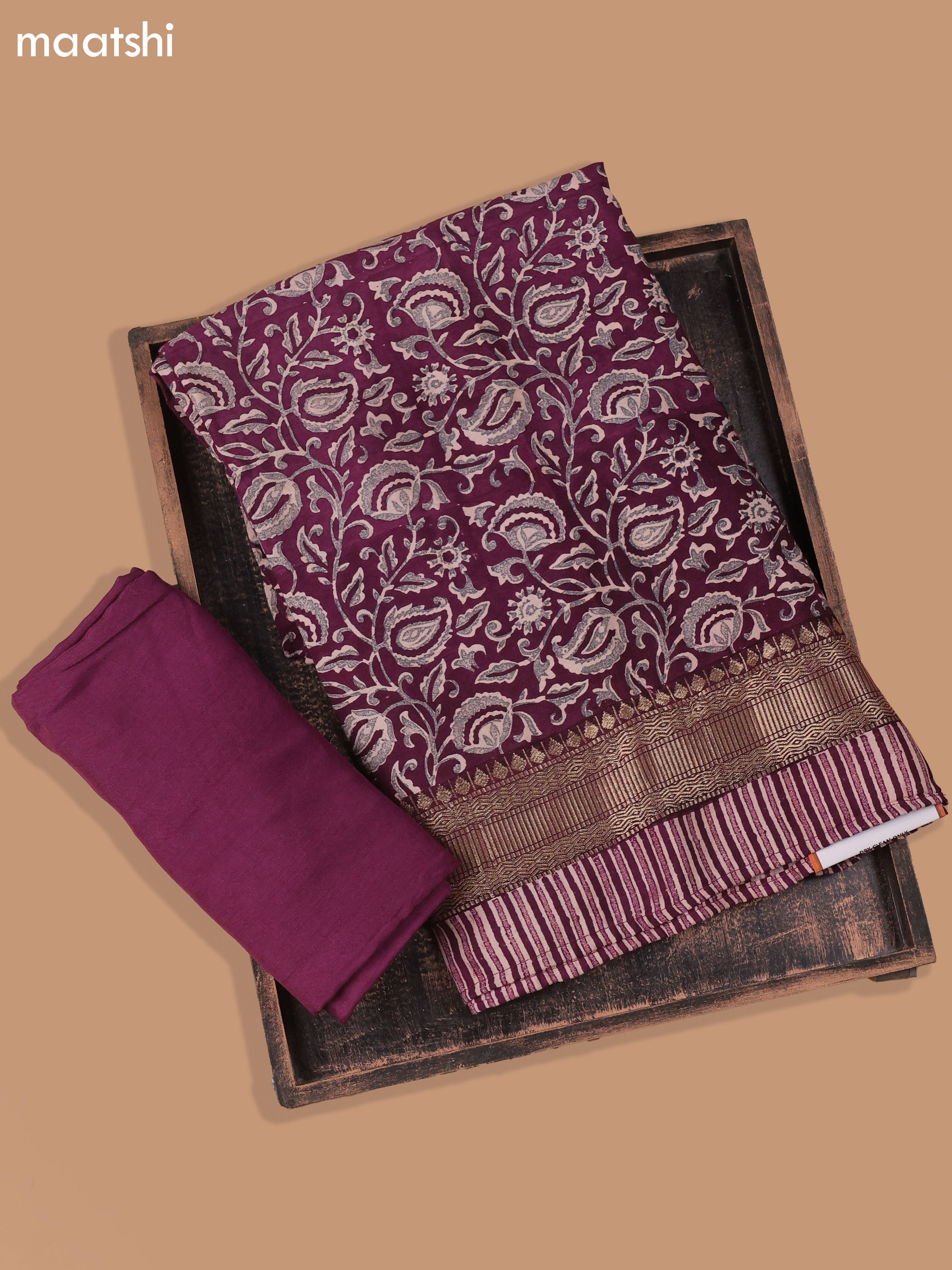 Wine and Beige Art Silk Dress Material With Allover Prints and Bottom & Dupatta
