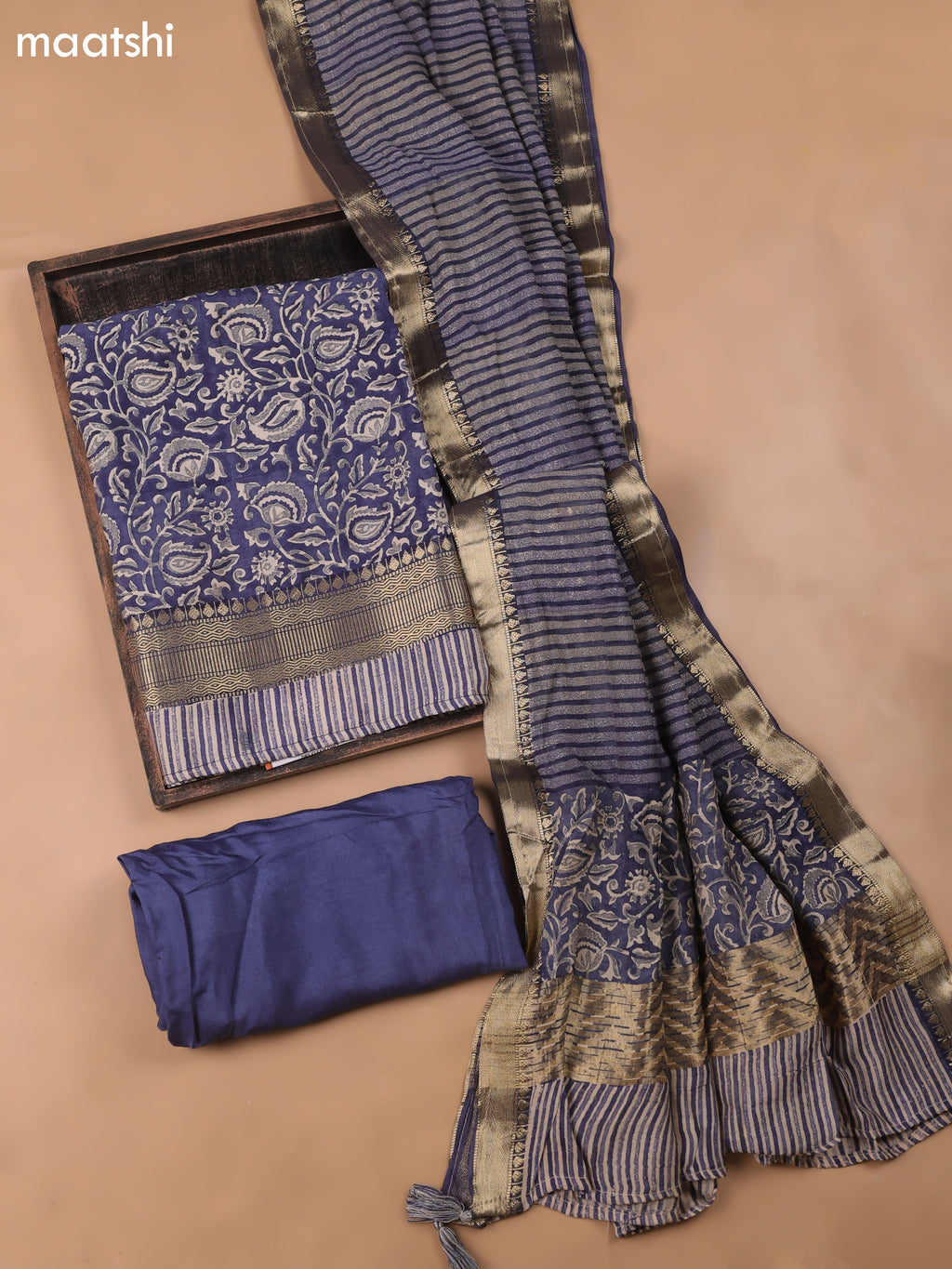 Blue and Beige Art Silk Dress Material With Allover Prints and Bottom & Dupatta