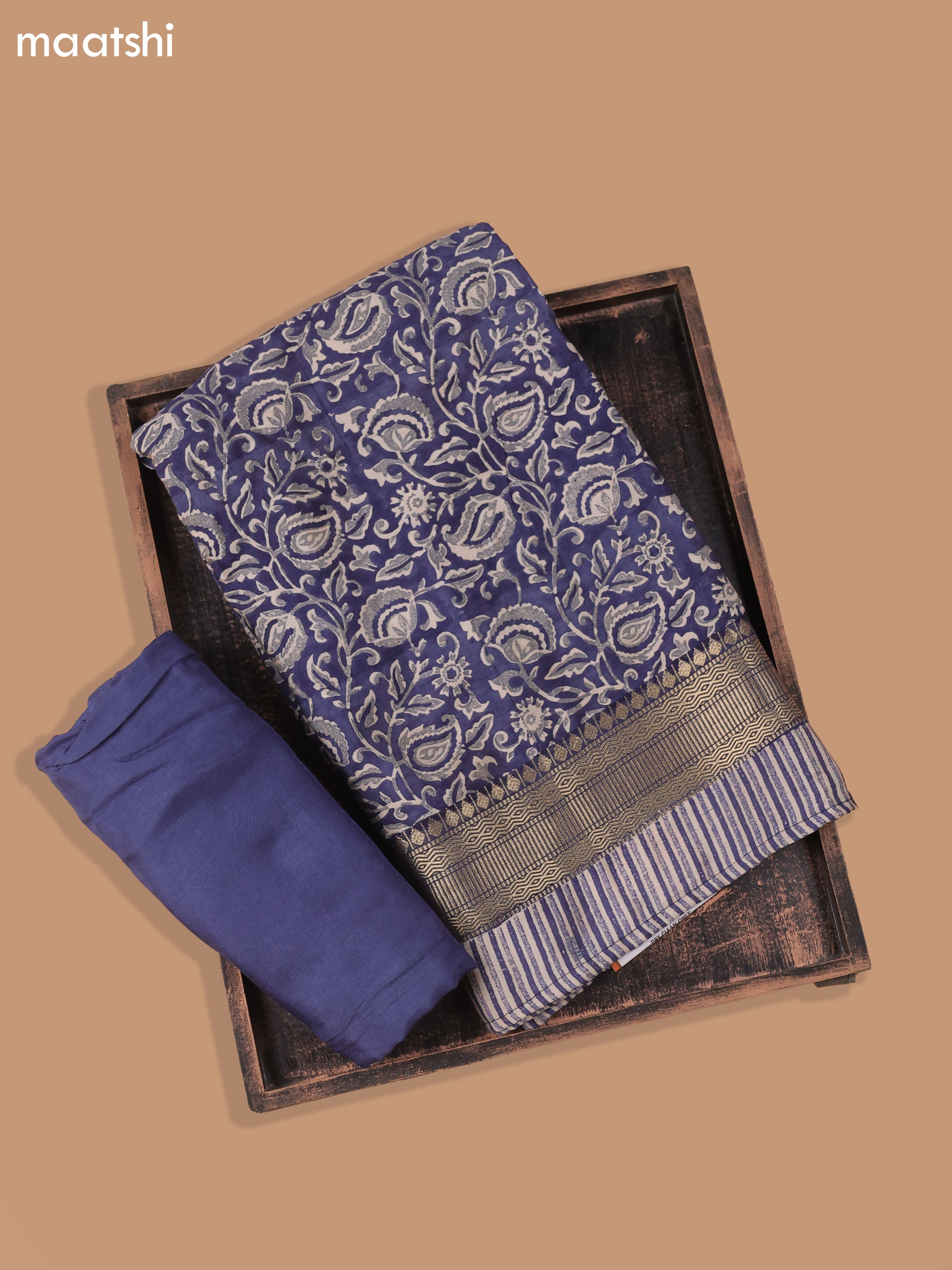 Blue and Beige Art Silk Dress Material With Allover Prints and Bottom & Dupatta