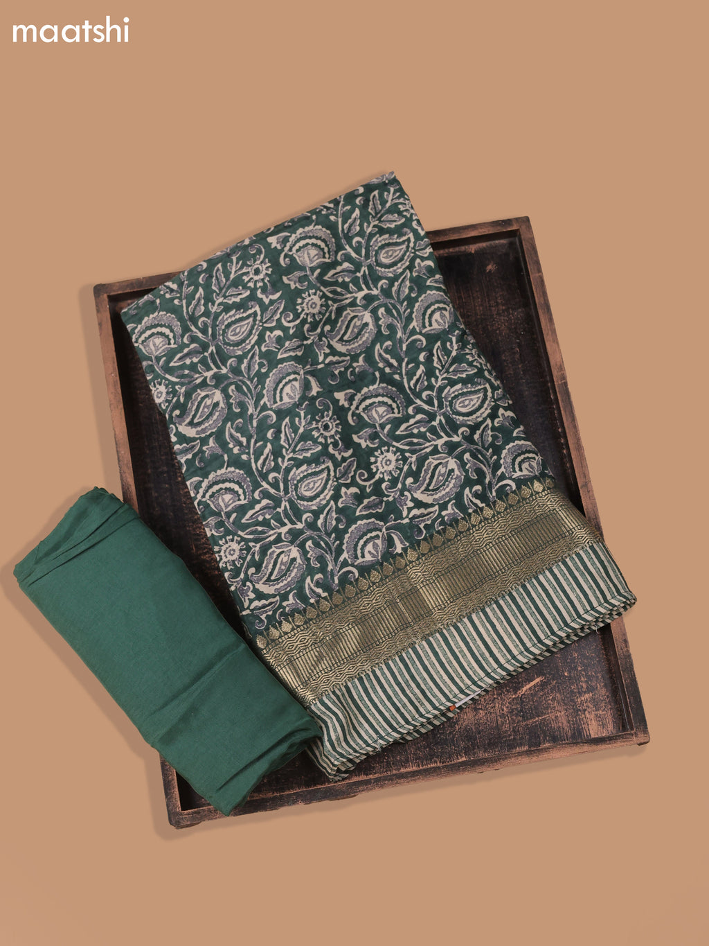 Green and Beige Art Silk Dress Material With Allover Prints and Bottom & Dupatta