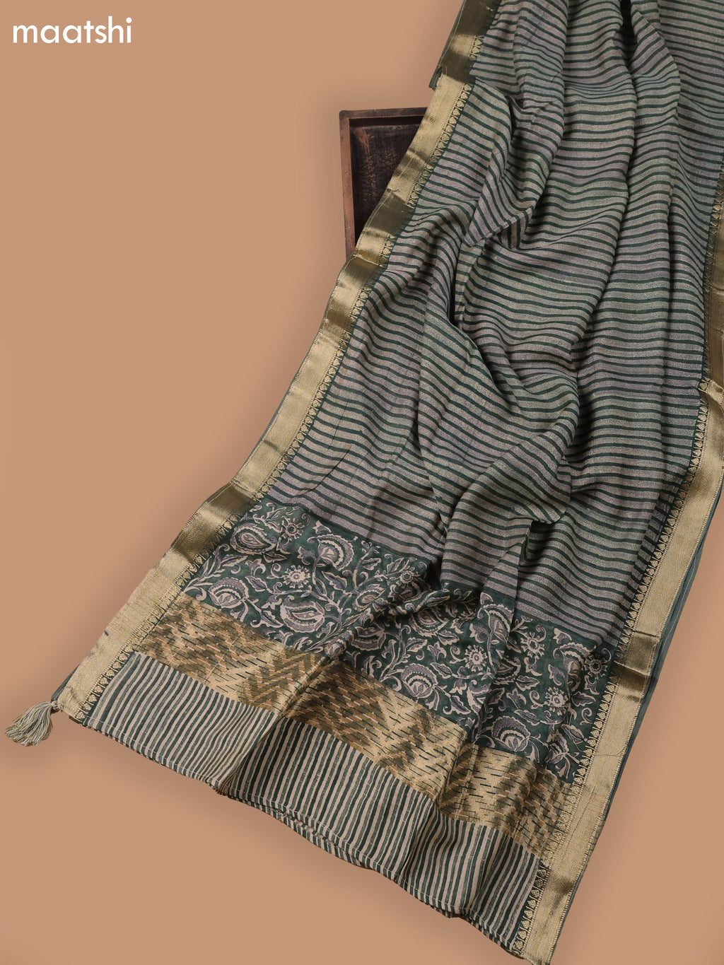Green and Beige Art Silk Dress Material With Allover Prints and Bottom & Dupatta