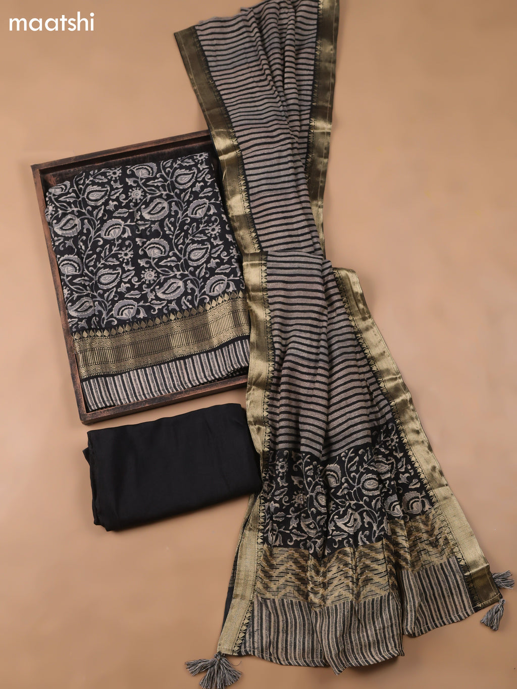Black and Beige Art Silk Dress Material With Allover Prints and Bottom & Dupatta