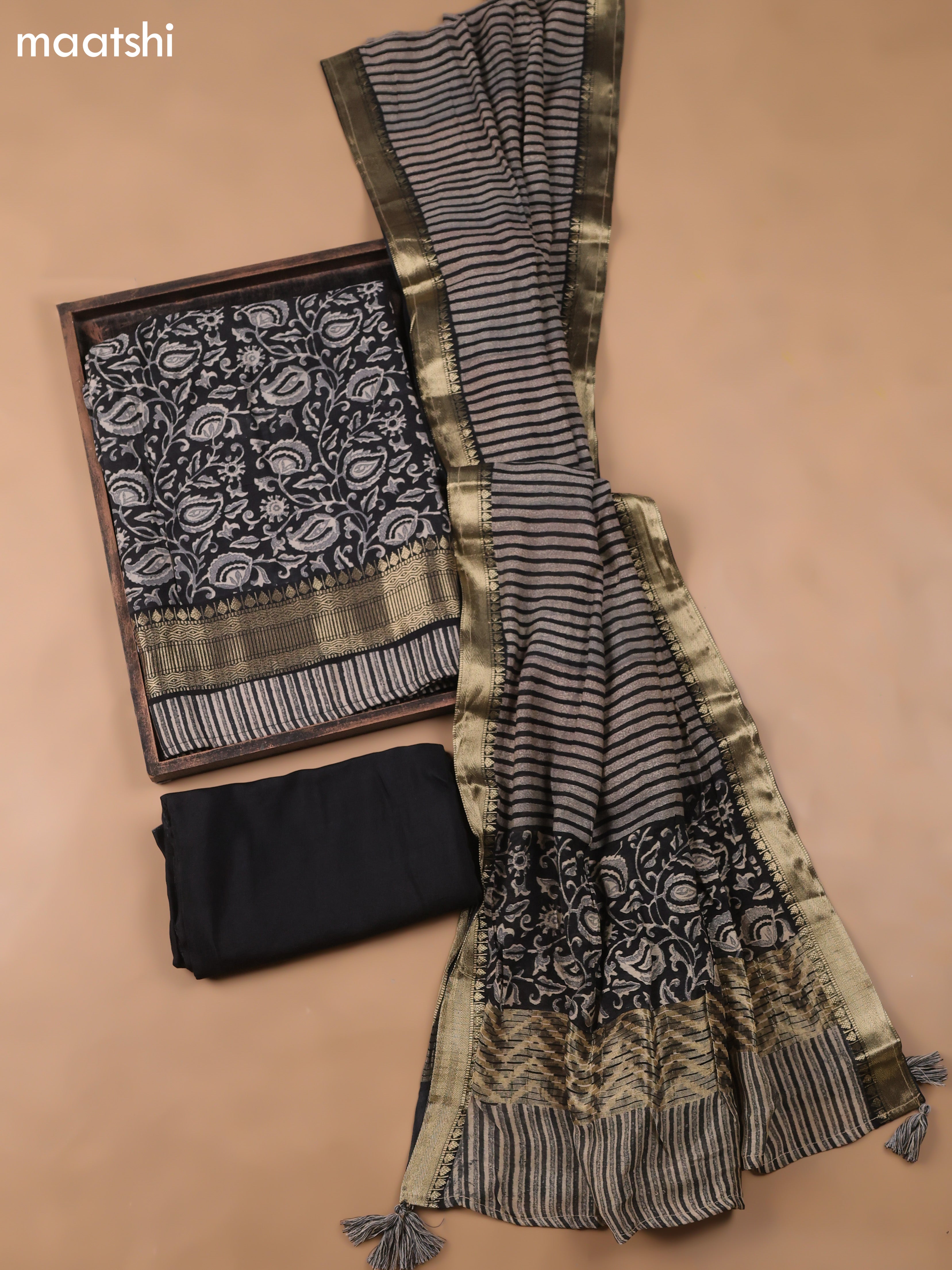 Black and Beige Art Silk Dress Material With Allover Prints and Bottom & Dupatta