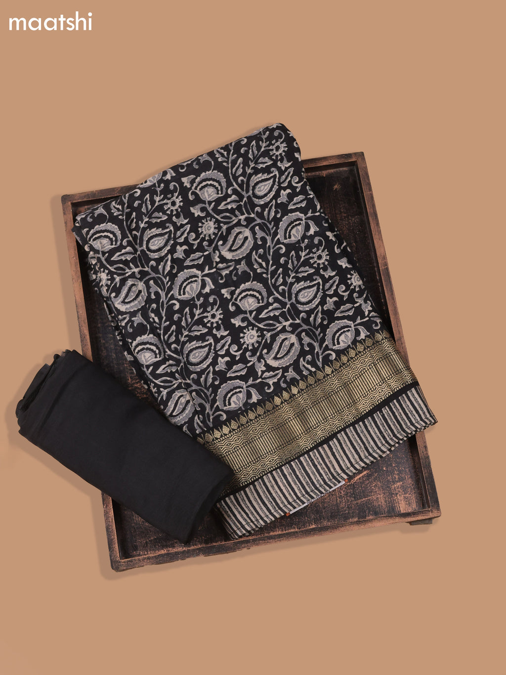 Black and Beige Art Silk Dress Material With Allover Prints and Bottom & Dupatta