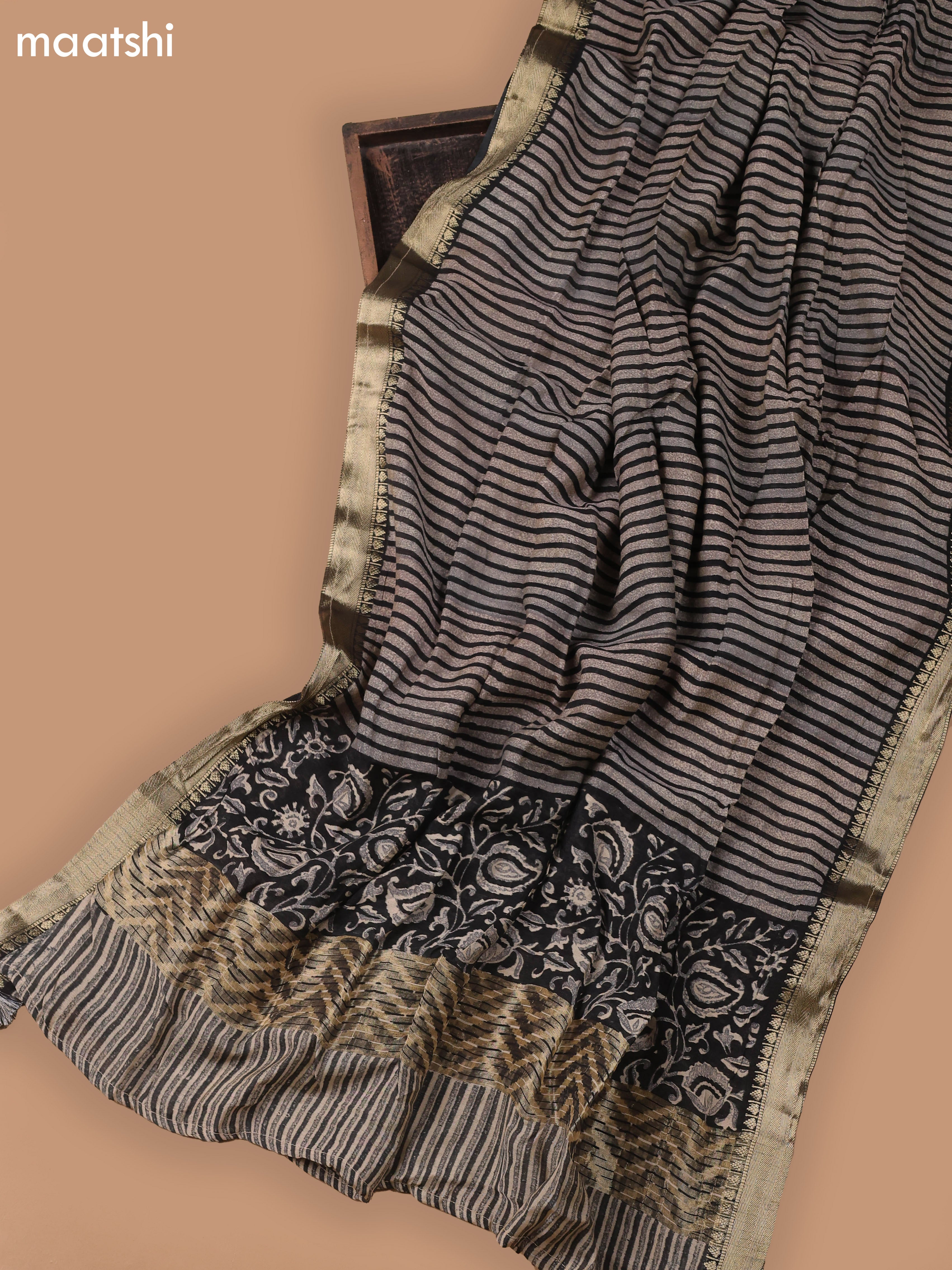 Black and Beige Art Silk Dress Material With Allover Prints and Bottom & Dupatta
