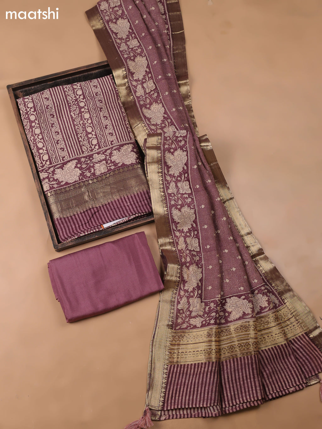 Maroon and Beige Art Silk Dress Material With Allover Prints and Bottom & Dupatta