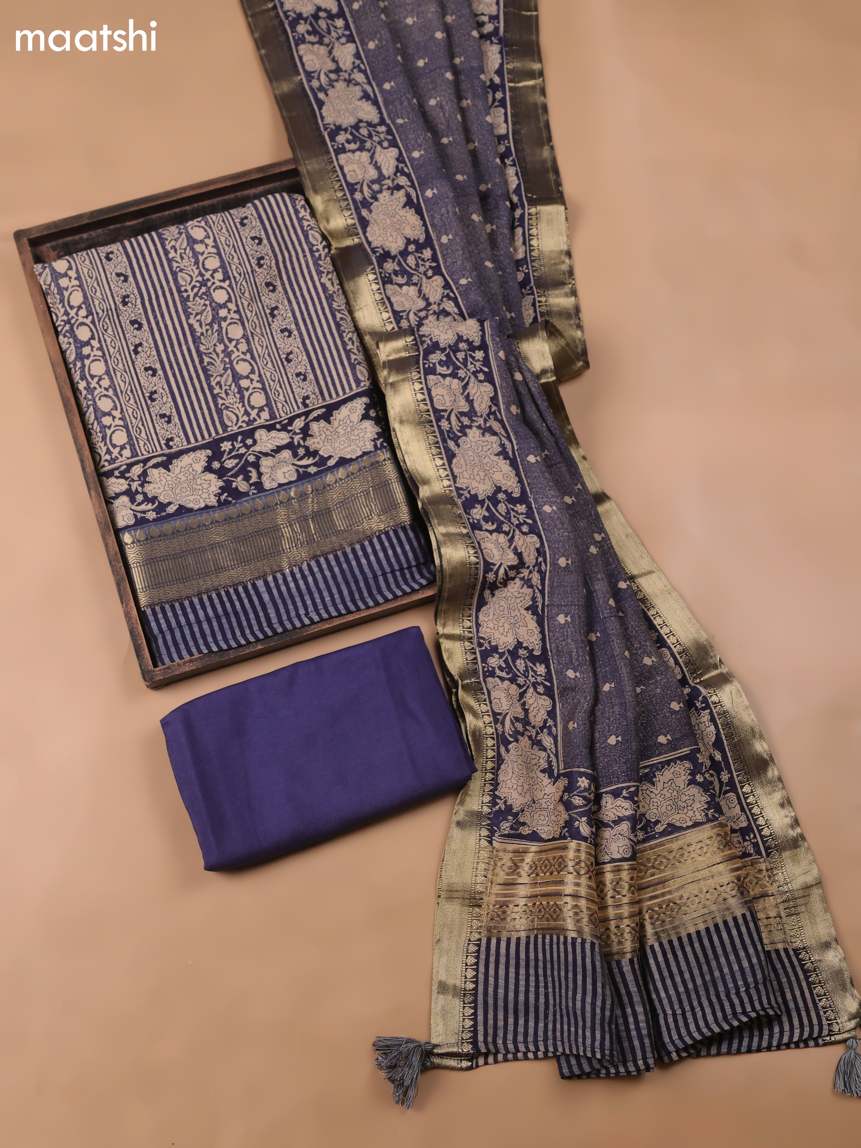 Navy Blue and Beige Art Silk Dress Material With Allover Prints and Bottom & Dupatta