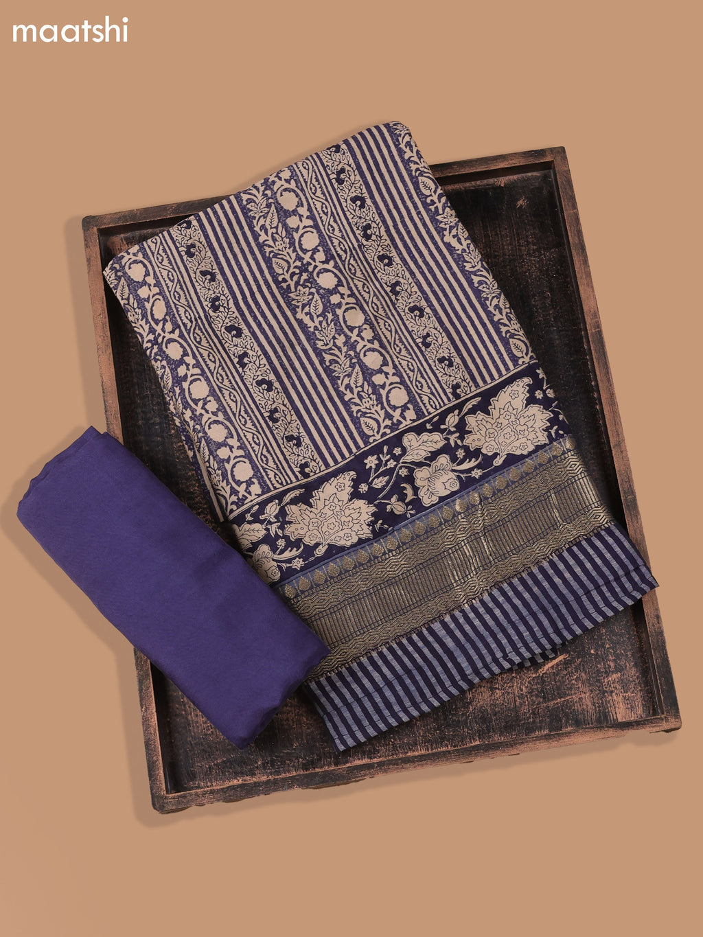 Navy Blue and Beige Art Silk Dress Material With Allover Prints and Bottom & Dupatta