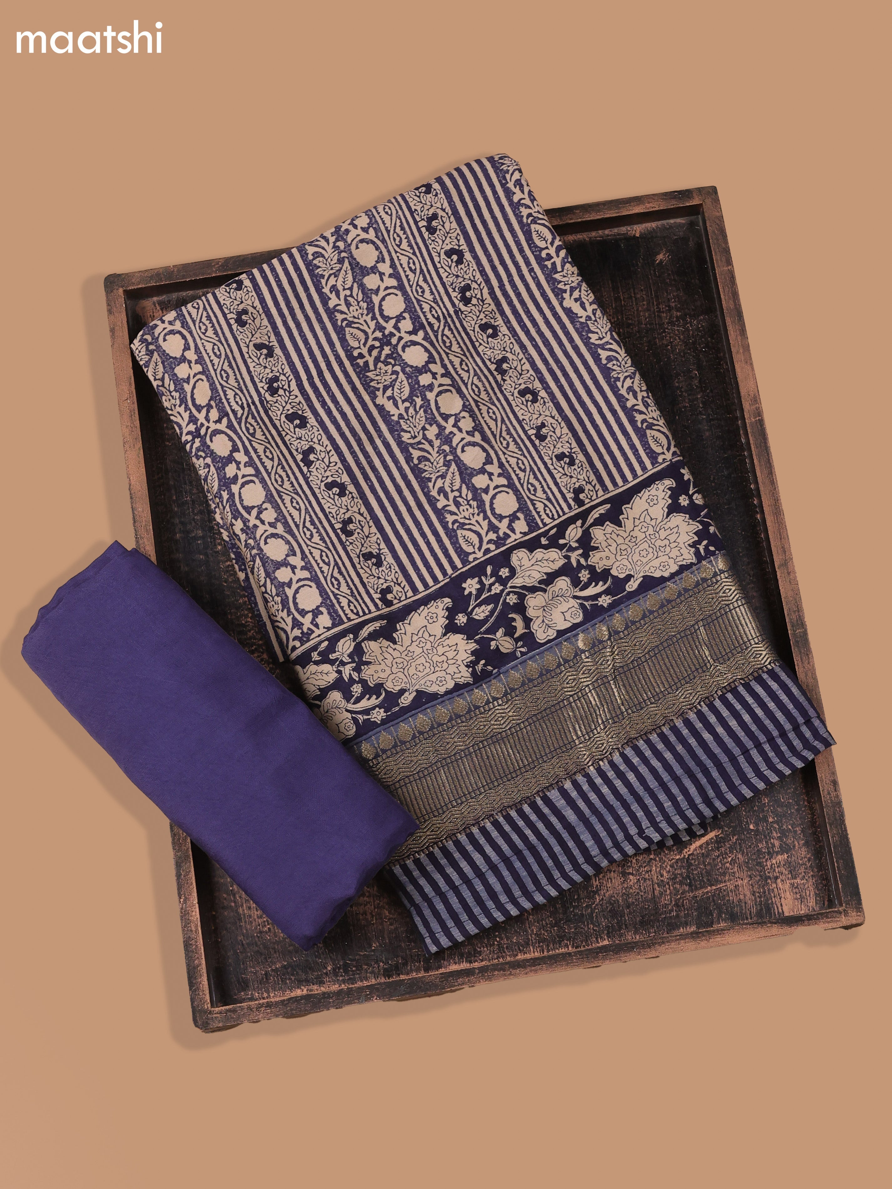 Navy Blue and Beige Art Silk Dress Material With Allover Prints and Bottom & Dupatta