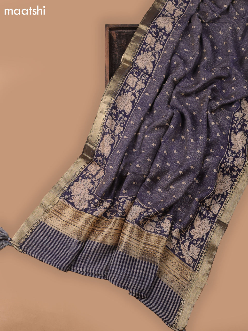 Navy Blue and Beige Art Silk Dress Material With Allover Prints and Bottom & Dupatta