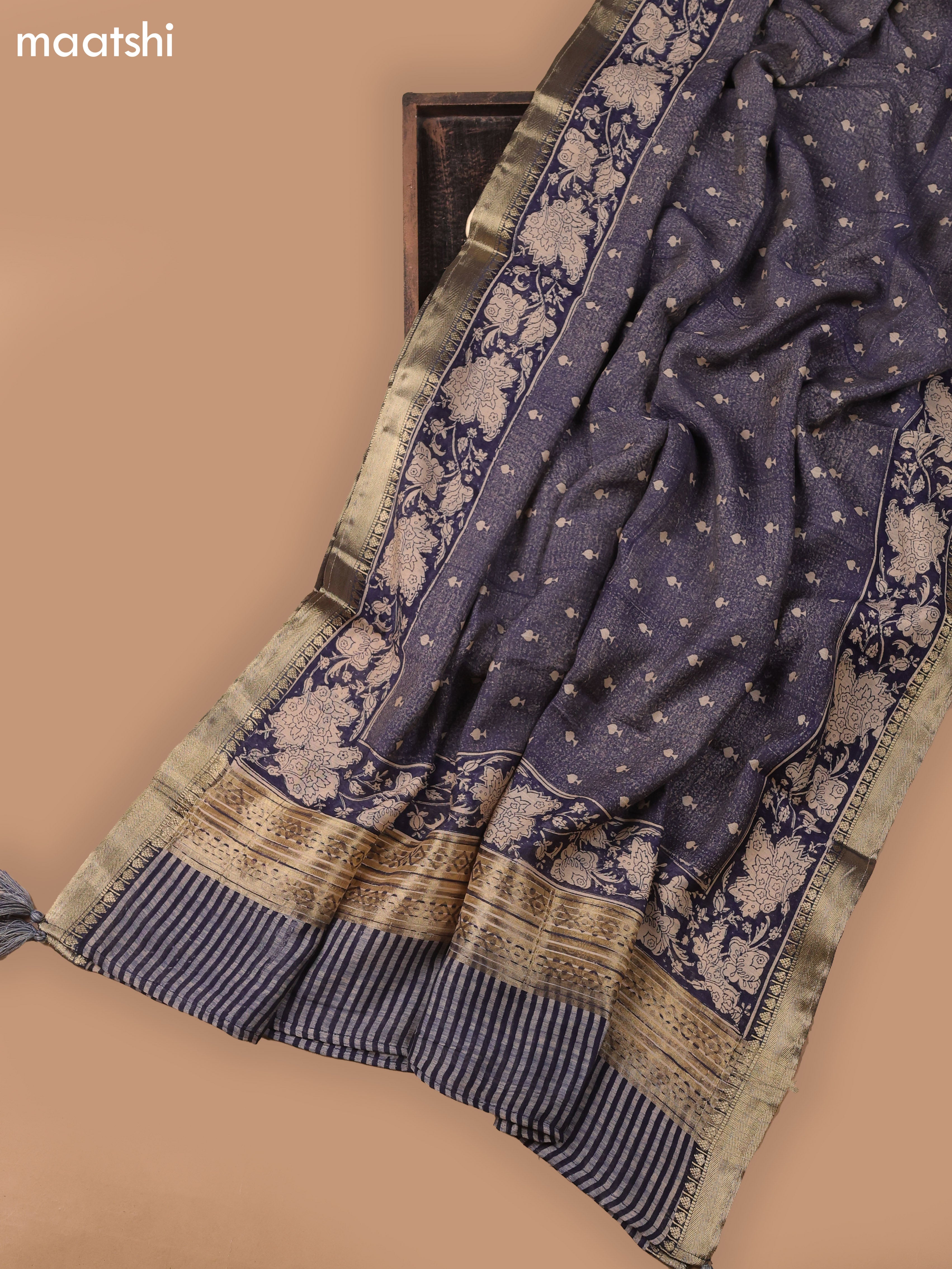 Navy Blue and Beige Art Silk Dress Material With Allover Prints and Bottom & Dupatta