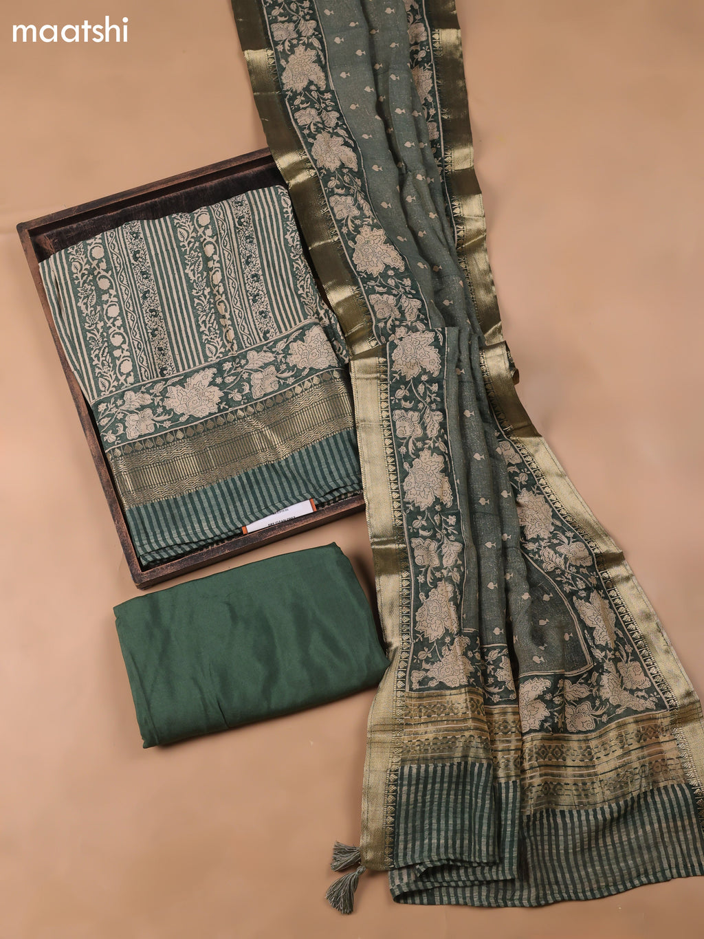 Green and Beige Art Silk Dress Material With Allover Prints and Bottom & Dupatta