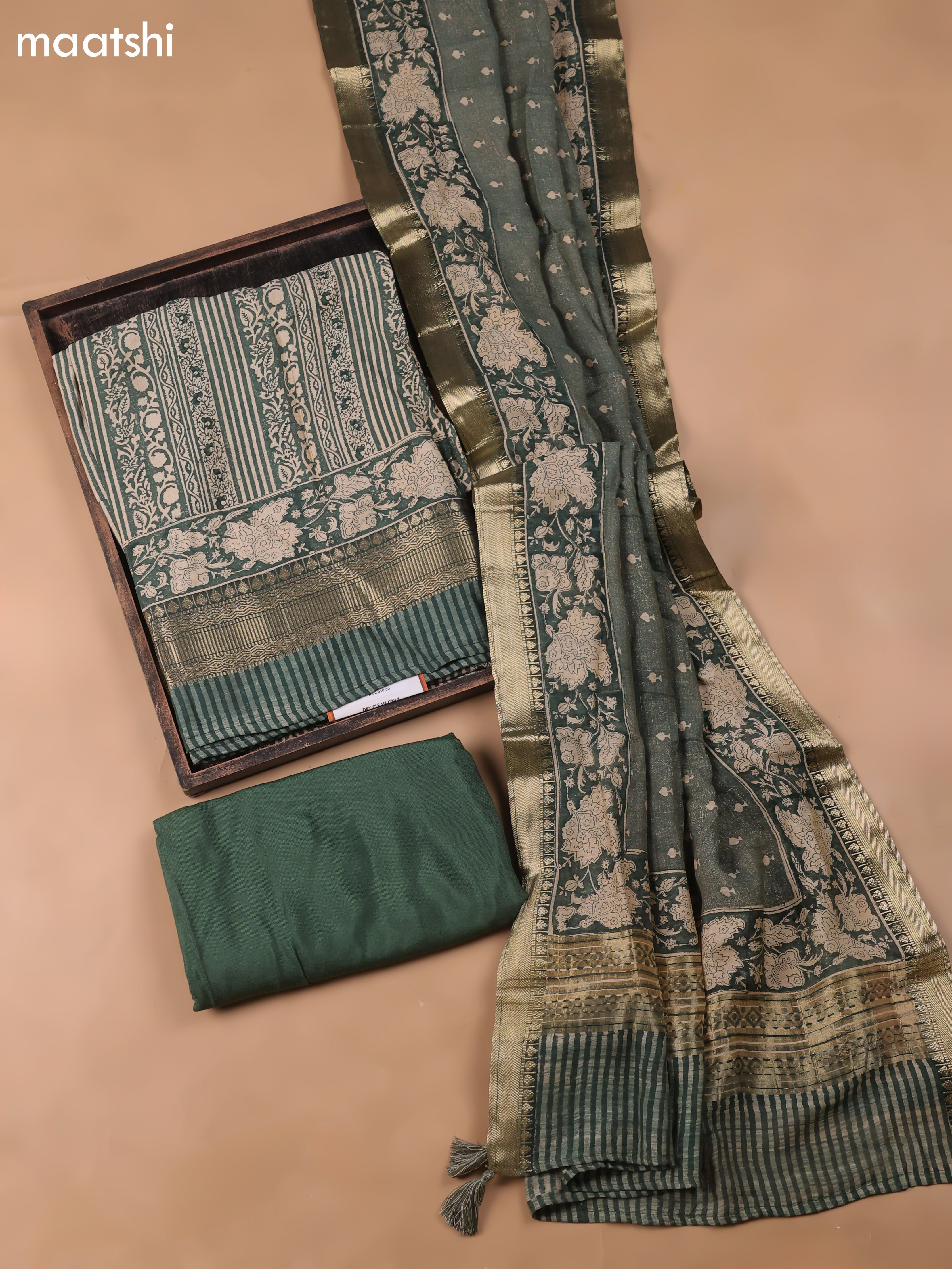 Green and Beige Art Silk Dress Material With Allover Prints and Bottom & Dupatta