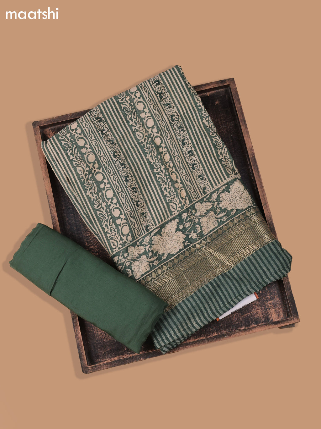 Green and Beige Art Silk Dress Material With Allover Prints and Bottom & Dupatta