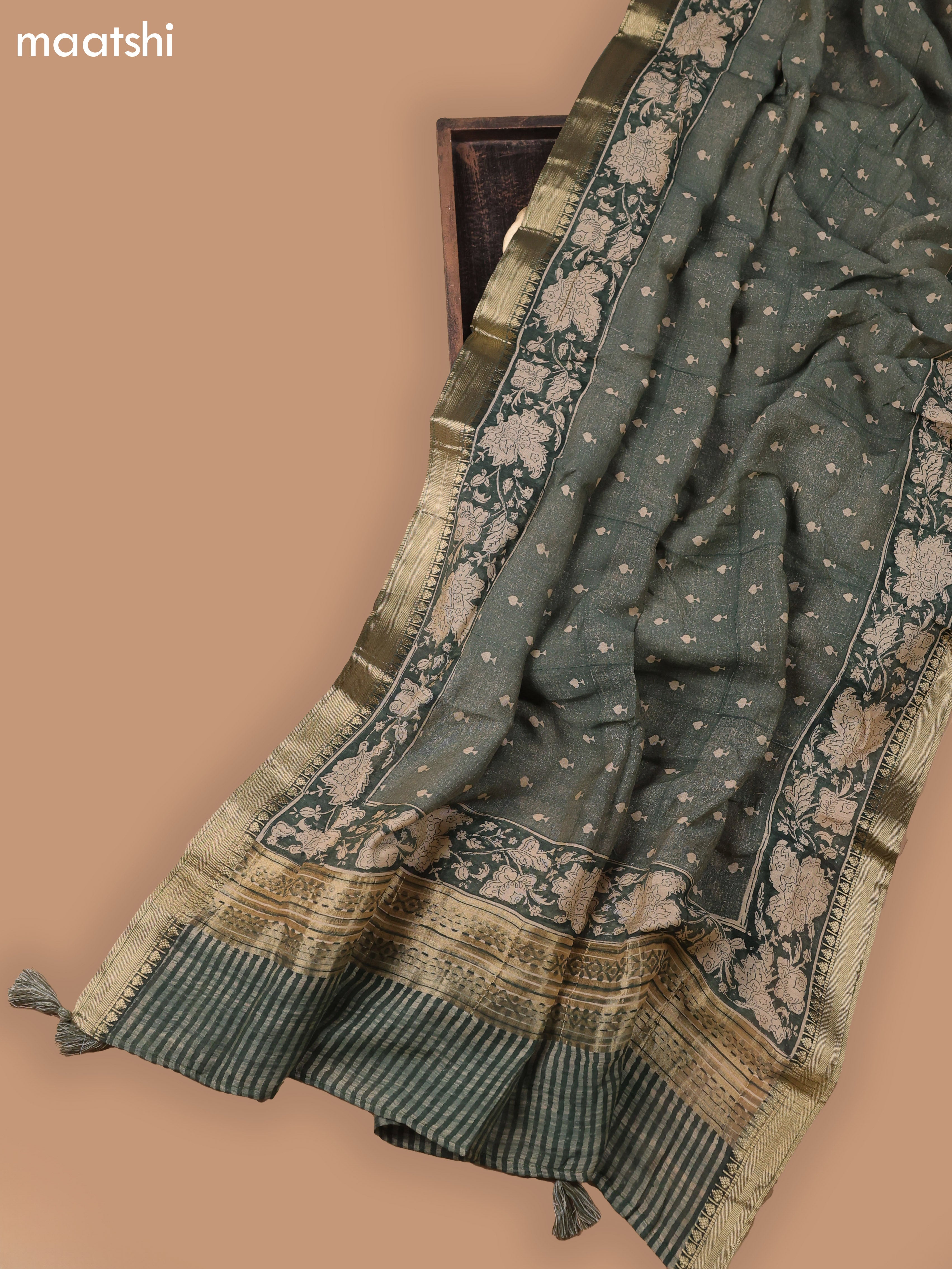 Green and Beige Art Silk Dress Material With Allover Prints and Bottom & Dupatta
