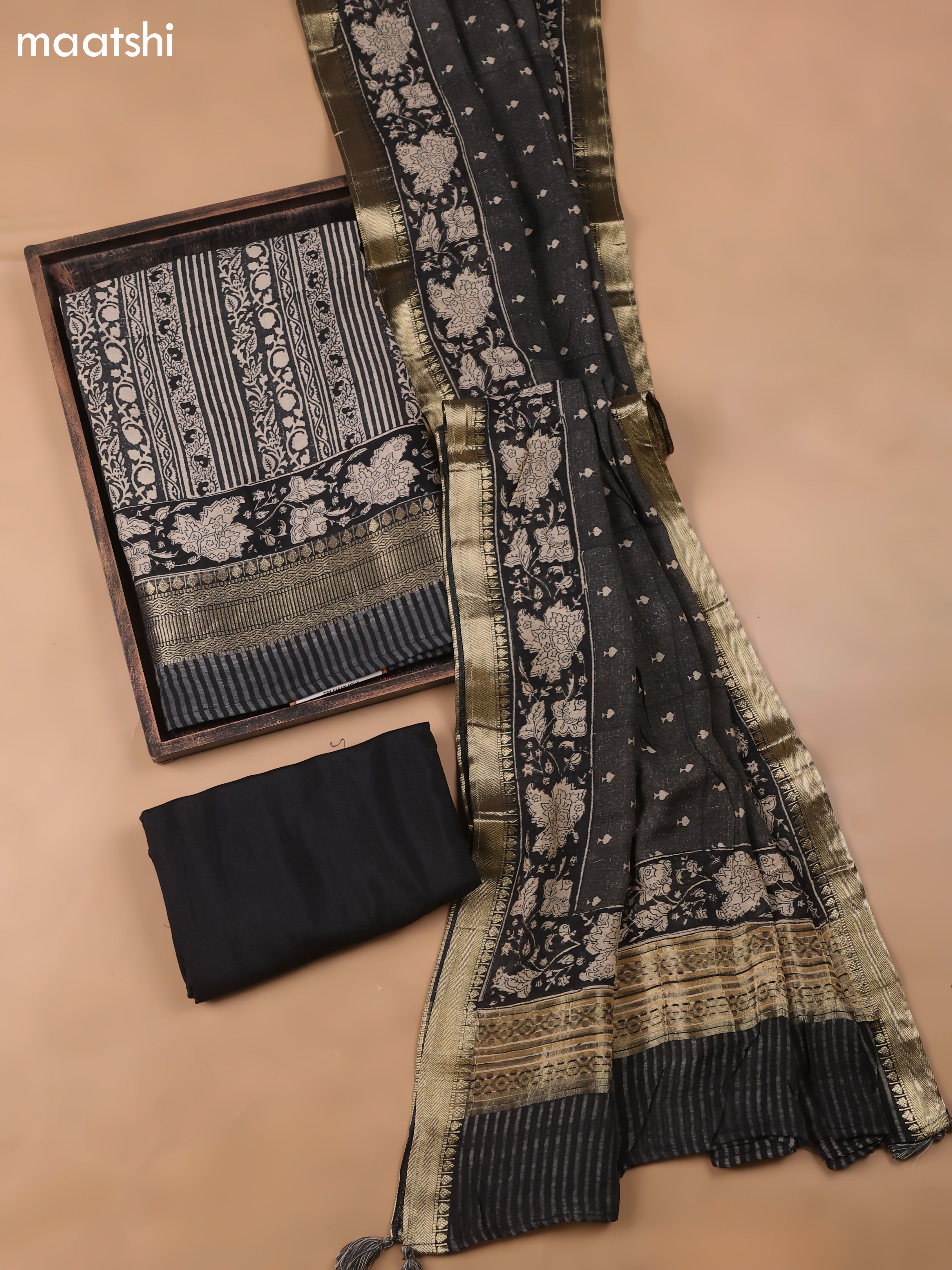 Black and Beige Art Silk Dress Material With Allover Prints and Bottom & Dupatta