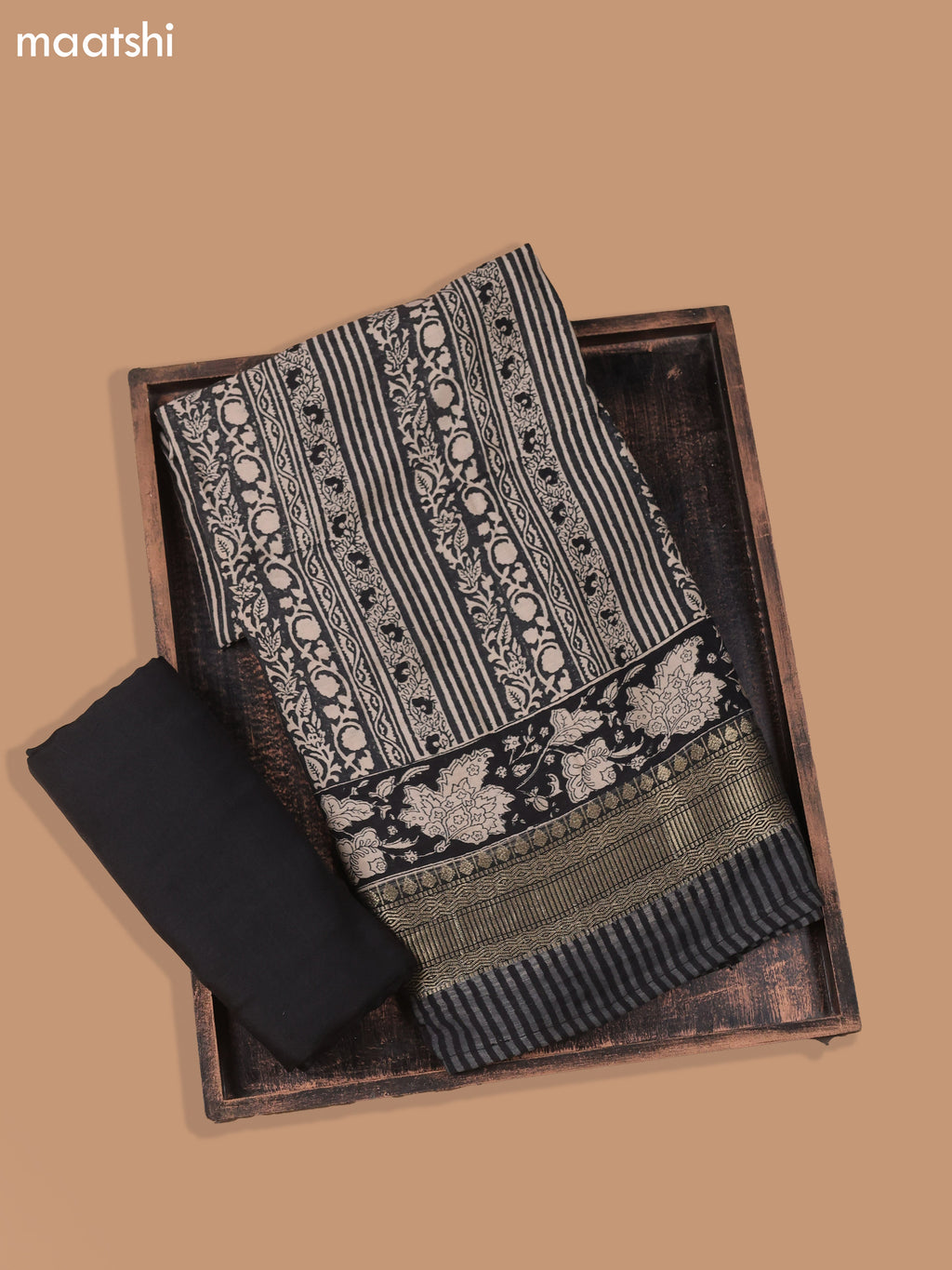 Black and Beige Art Silk Dress Material With Allover Prints and Bottom & Dupatta