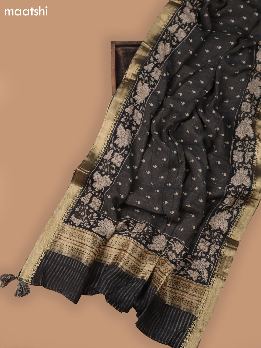 Black and Beige Art Silk Dress Material With Allover Prints and Bottom & Dupatta