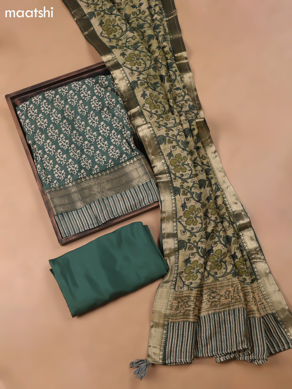 Green and Beige Art Silk Dress Material With Allover Butta Prints and Bottom & Dupatta