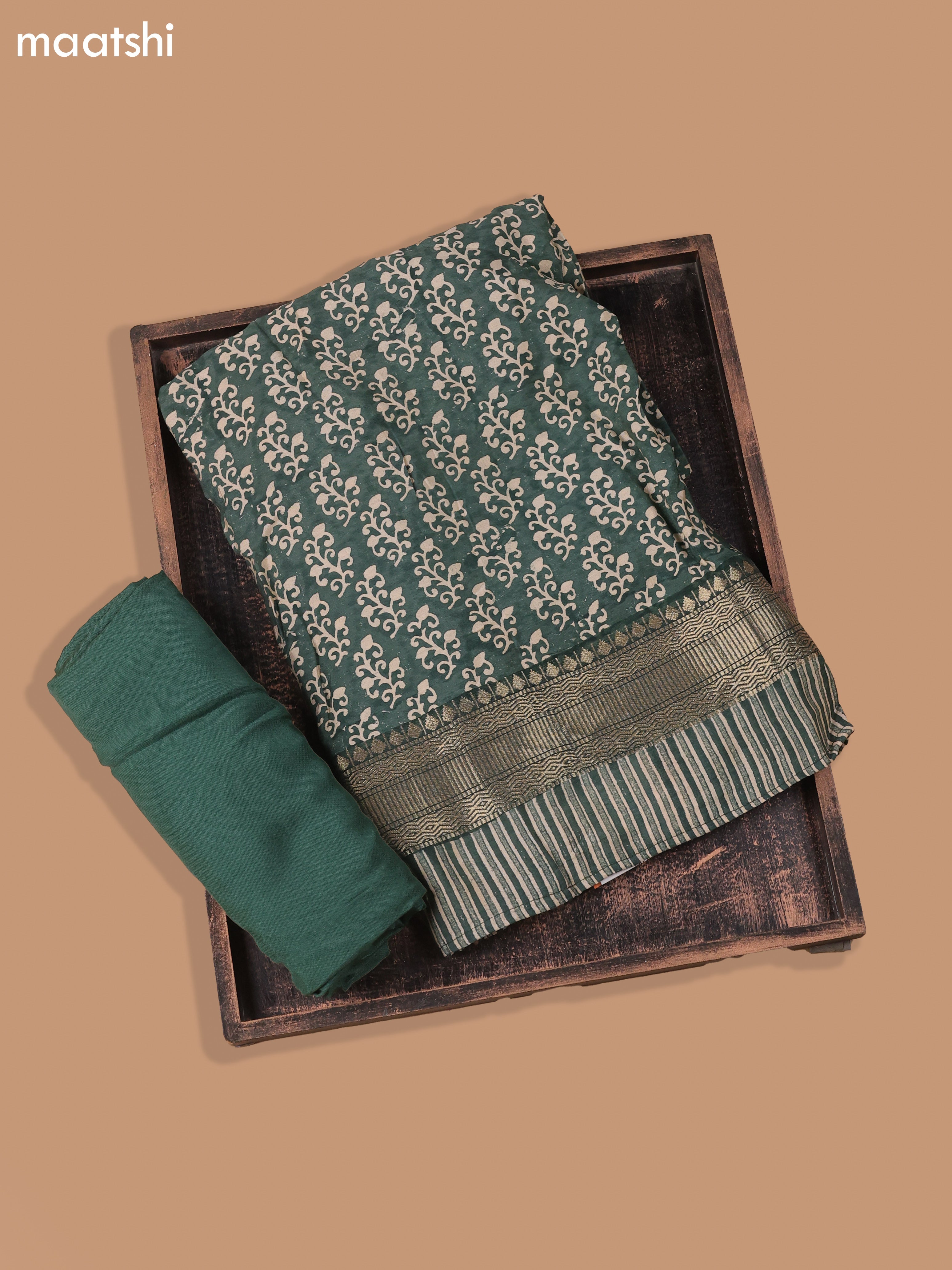 Green and Beige Art Silk Dress Material With Allover Butta Prints and Bottom & Dupatta