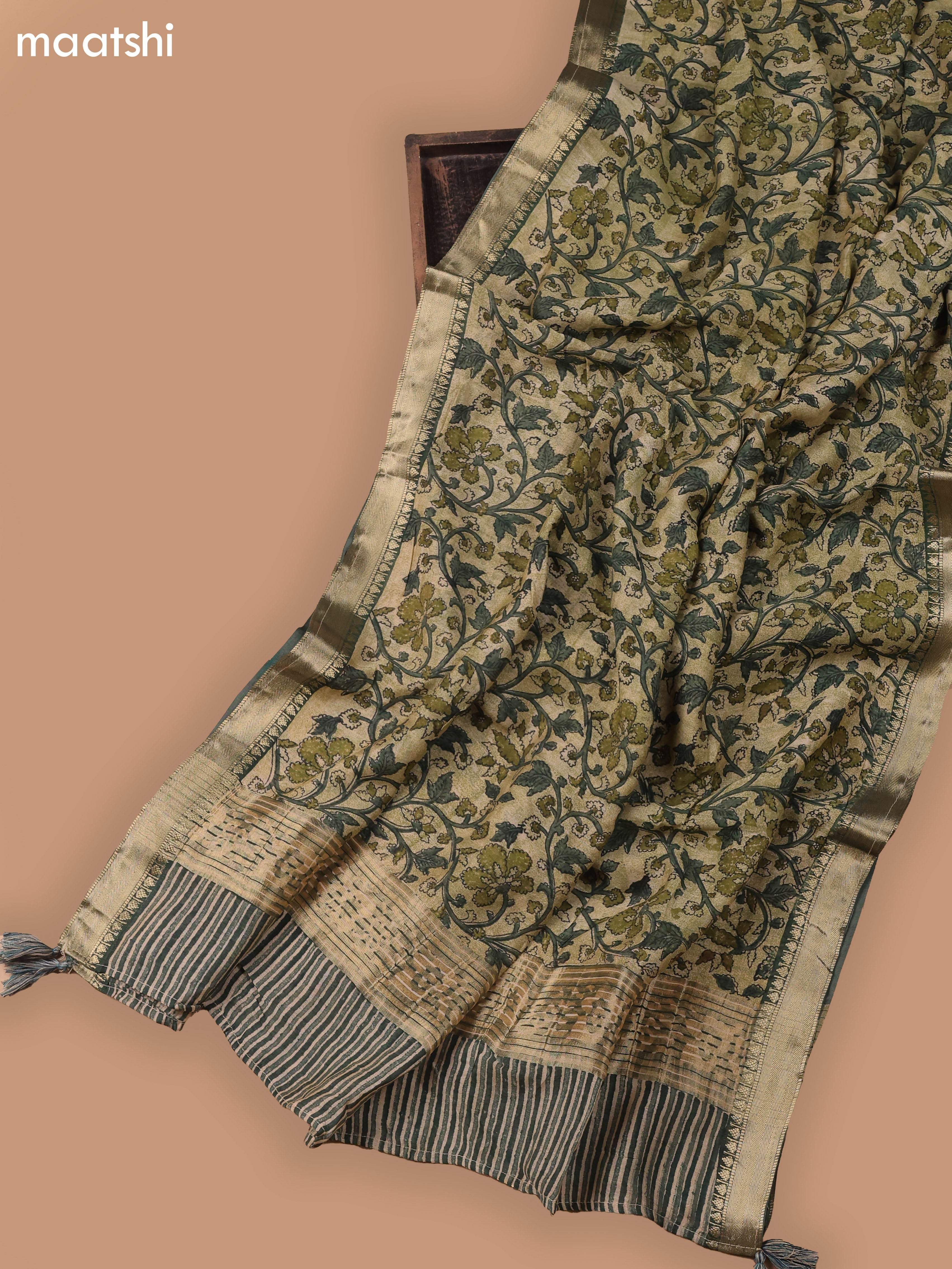 Green and Beige Art Silk Dress Material With Allover Butta Prints and Bottom & Dupatta
