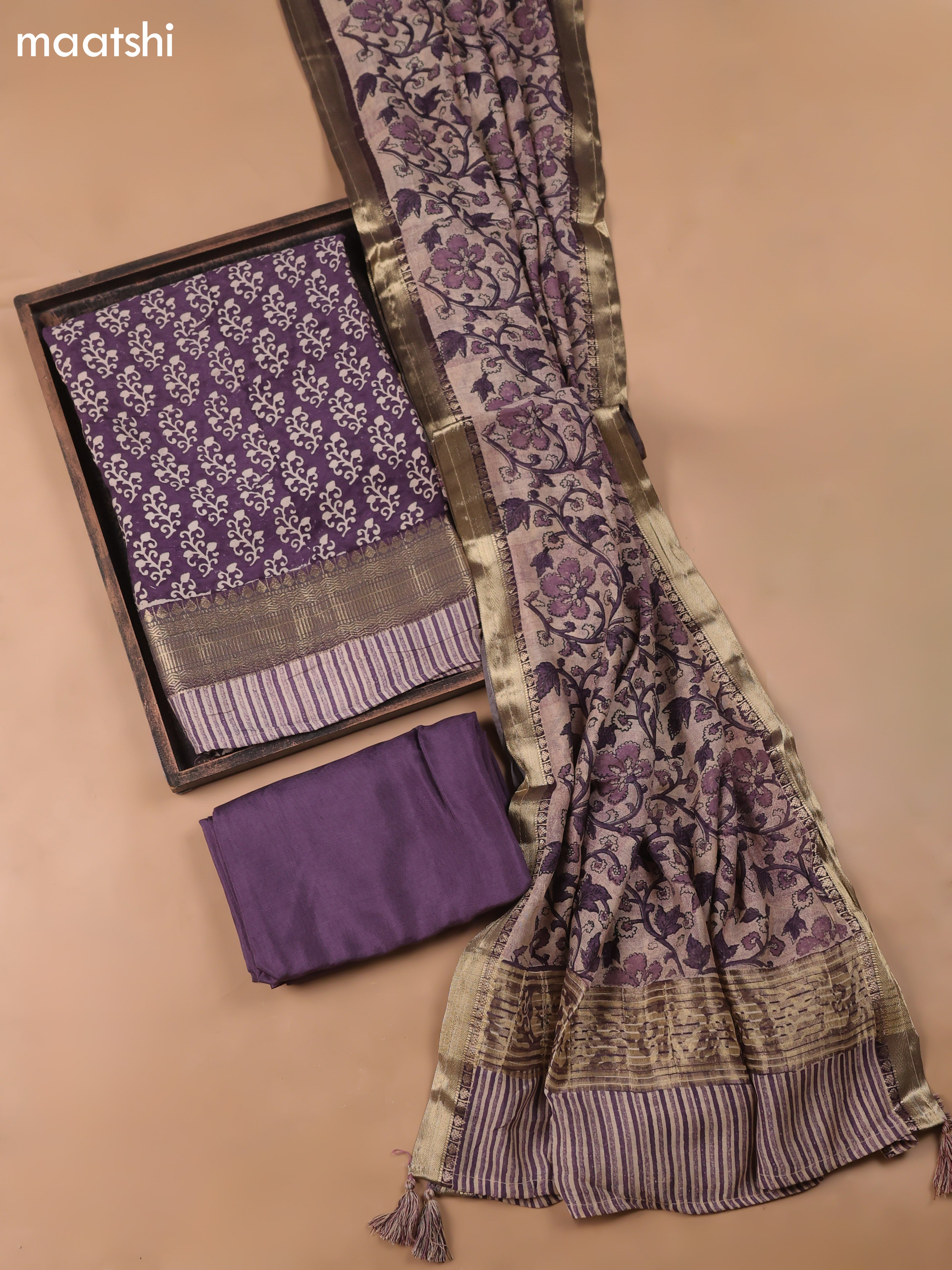 Purple and Beige Art Silk Dress Material With Allover Butta Prints and Bottom & Dupatta