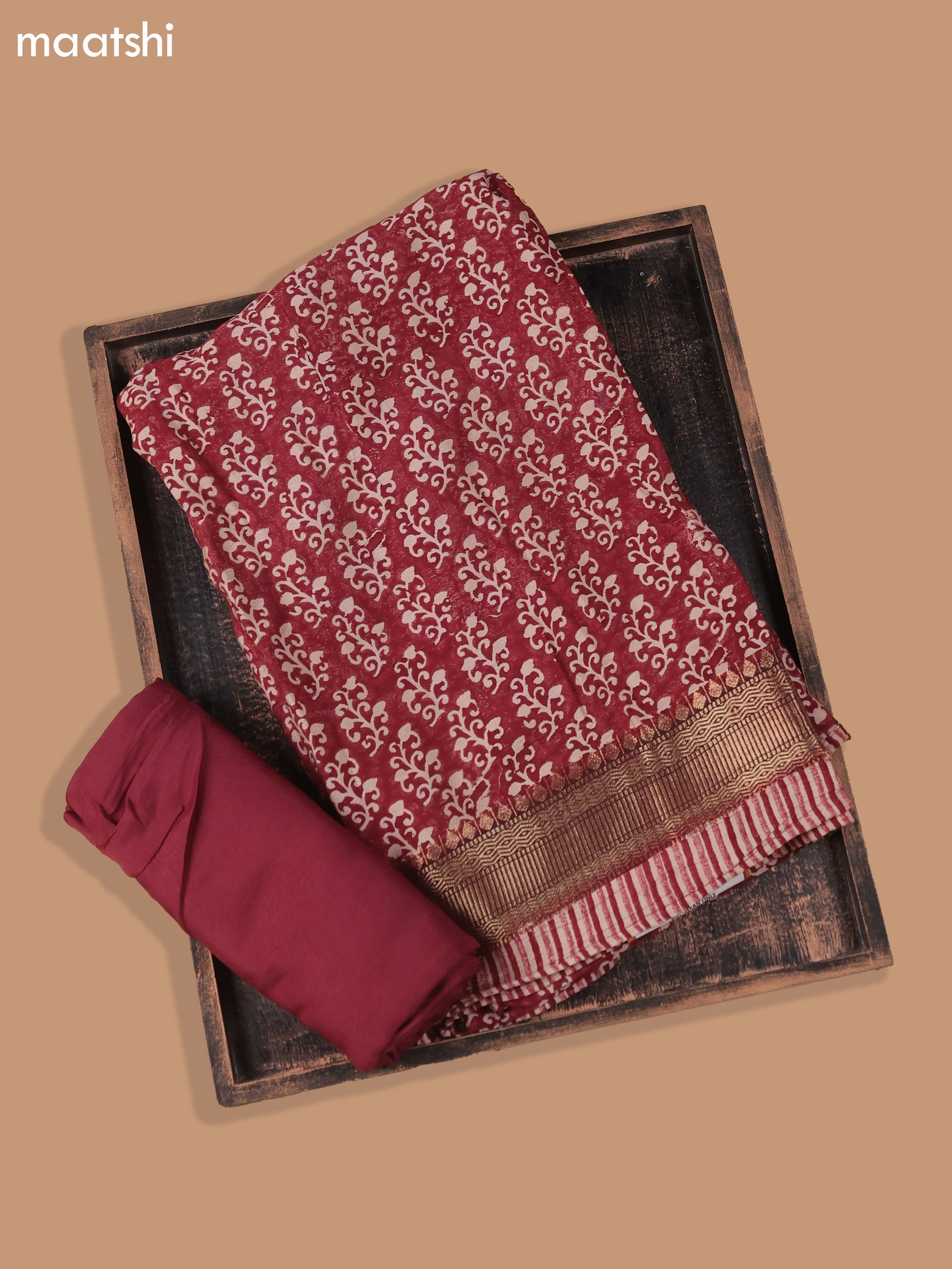 Red and Beige Art Silk Dress Material With Allover Butta Prints and Bottom & Dupatta
