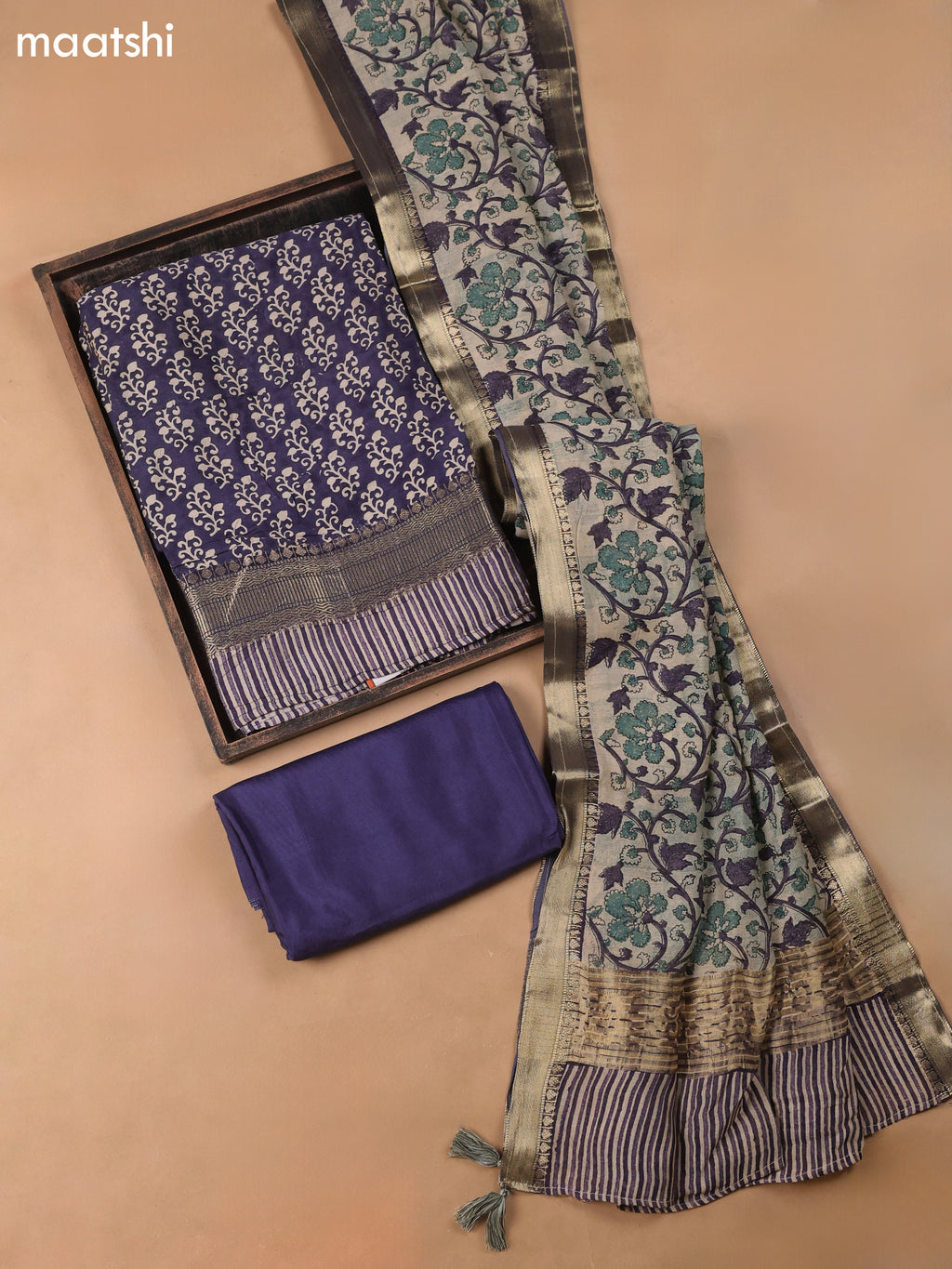 Navy Blue and Beige Art Silk Dress Material With Allover Butta Prints and Bottom & Dupatta