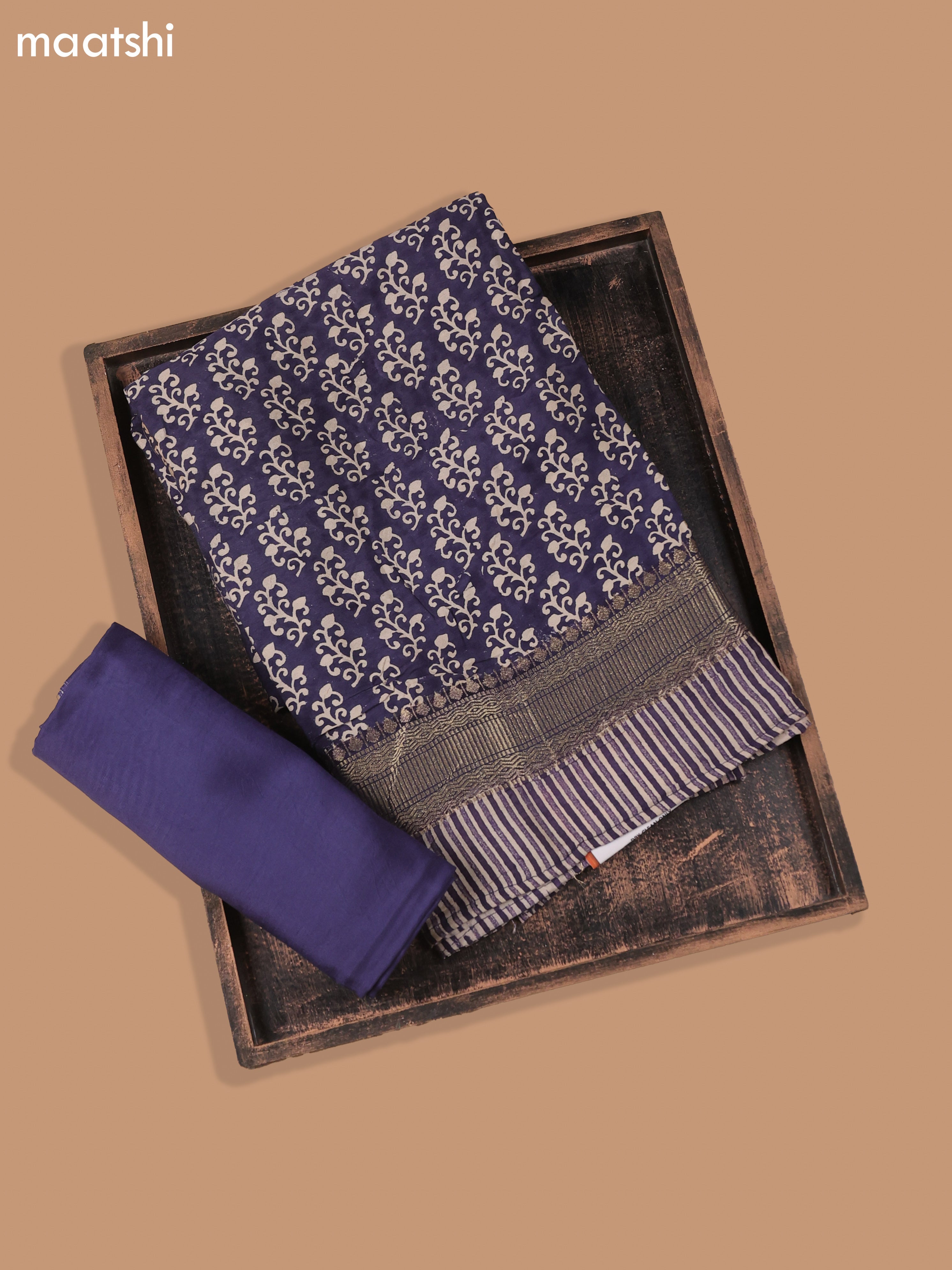 Navy Blue and Beige Art Silk Dress Material With Allover Butta Prints and Bottom & Dupatta