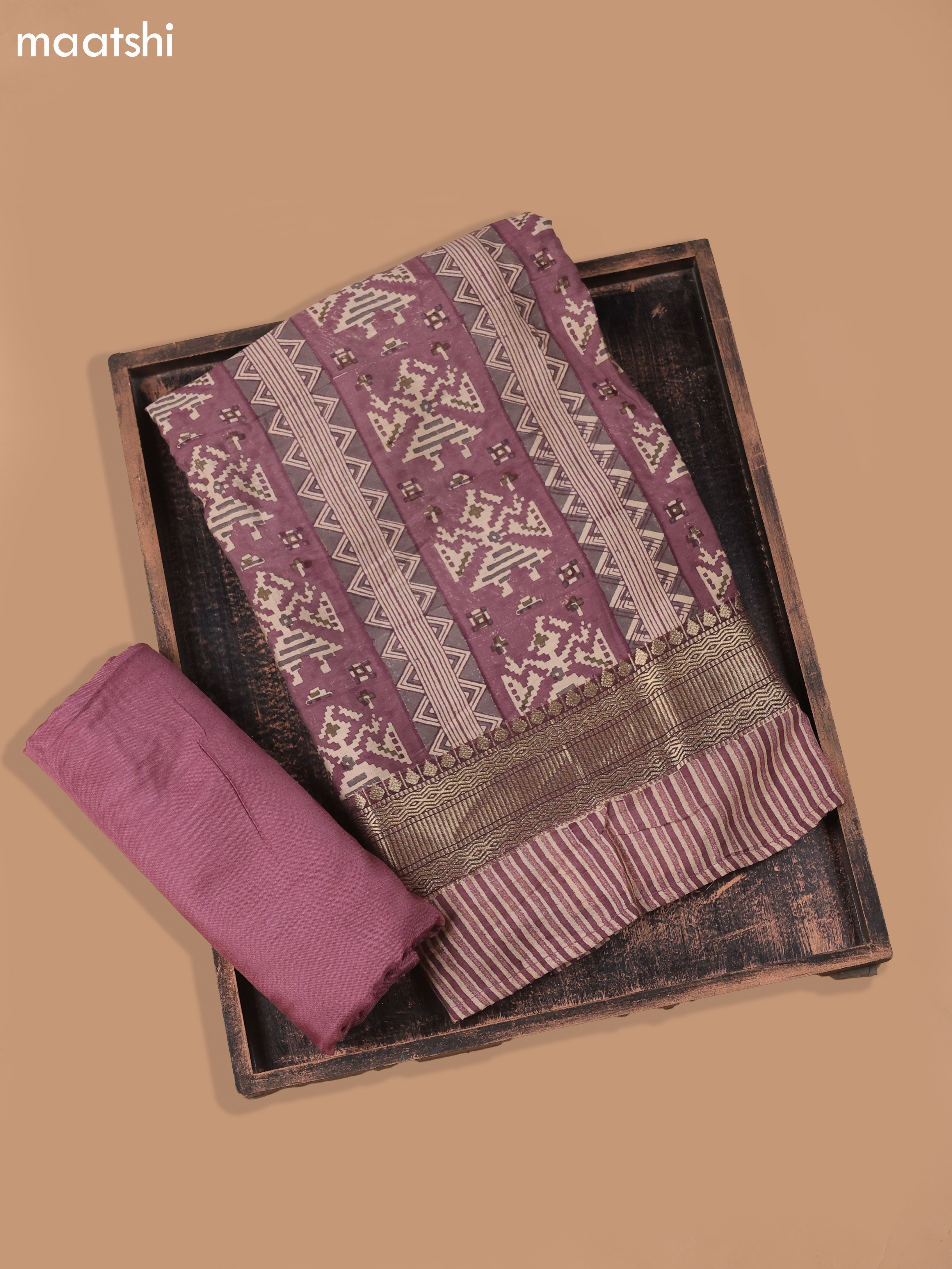 Pastel Maroon and Beige Art Silk Dress Material With Ikat Prints and Bottom & Dupatta