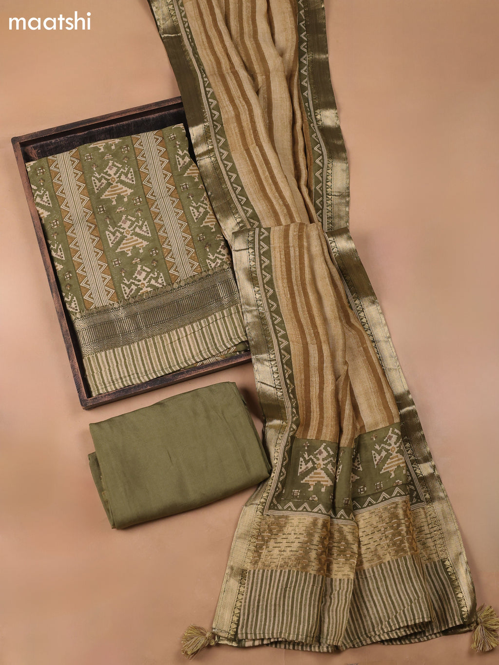 Green and Beige Art Silk Dress Material With Ikat Prints and Bottom & Dupatta
