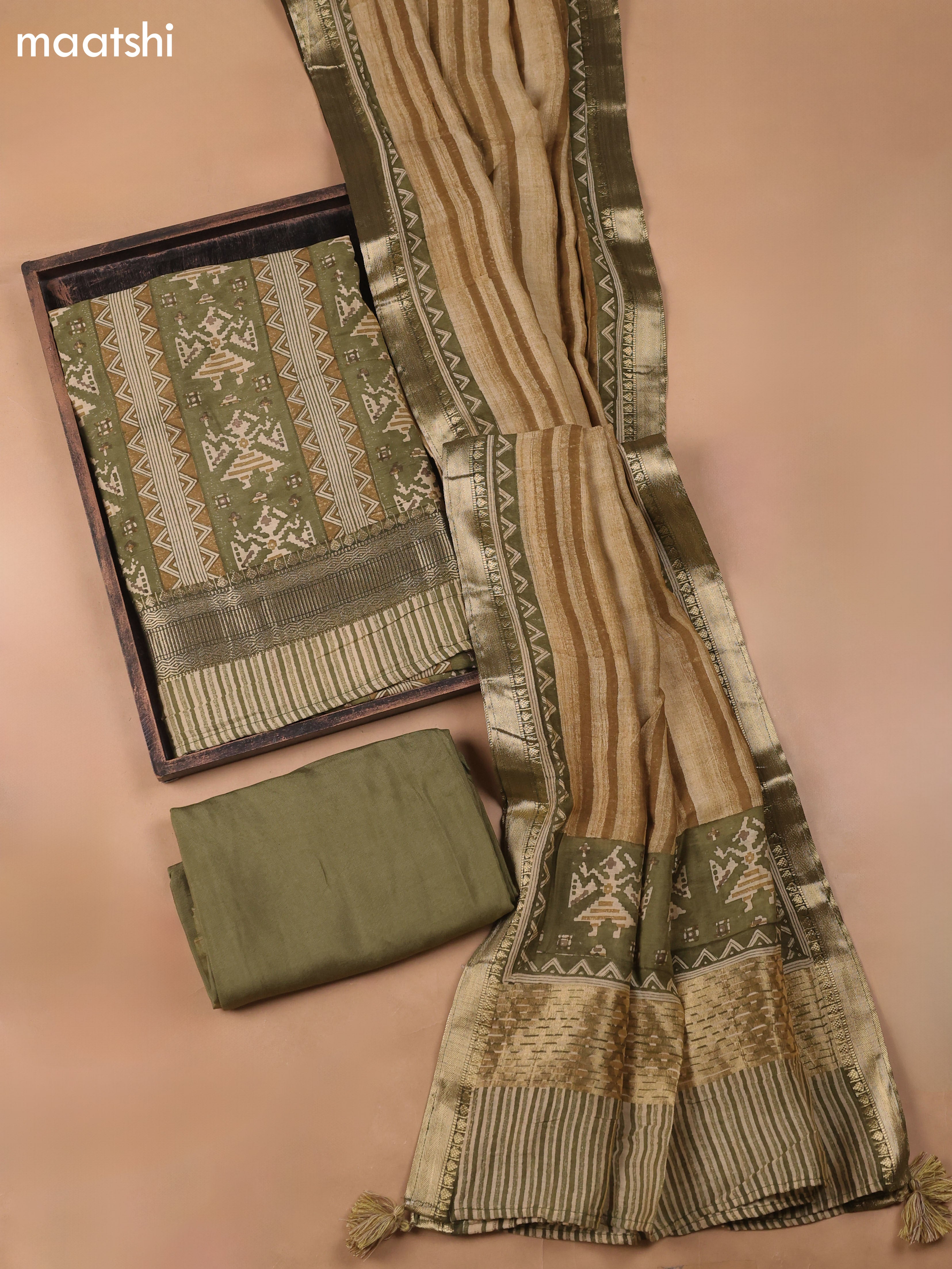 Green and Beige Art Silk Dress Material With Ikat Prints and Bottom & Dupatta
